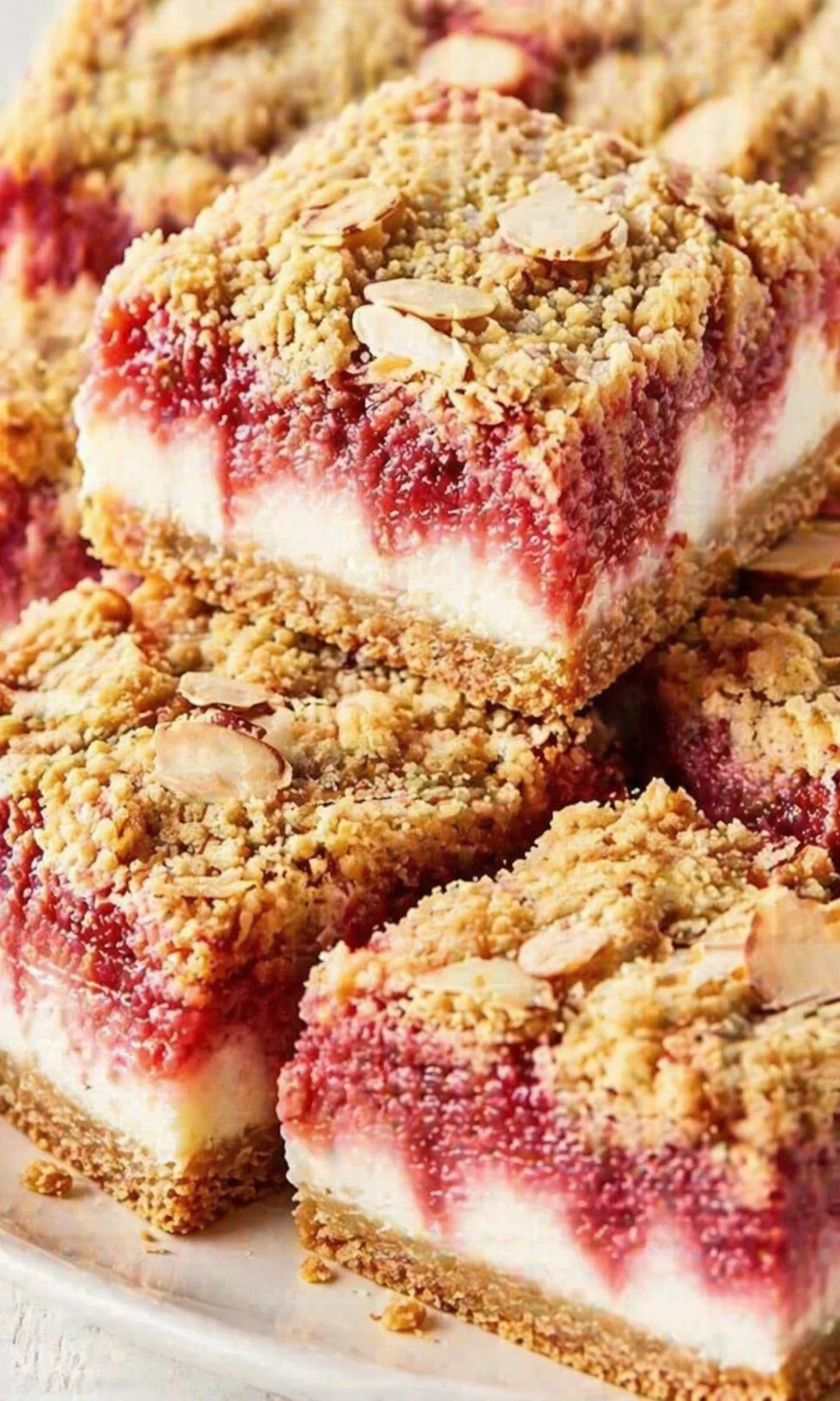 Crumble-topped berry cheesecake bars with almond slices on a white surface.