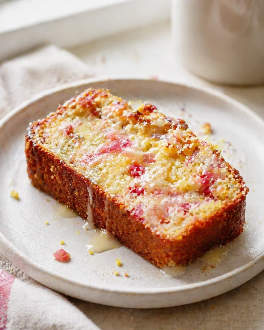 slice of moist loaf cake with pink fruit bits and glaze on a light plate