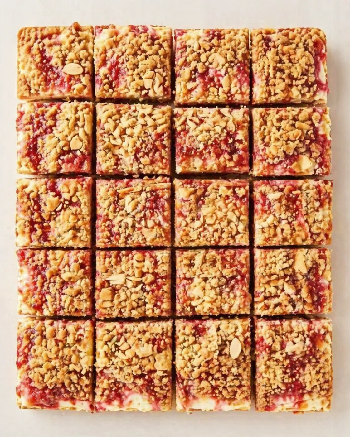 Twenty square berry streusel bars arranged in a grid on a light background, topped with crumbly streusel