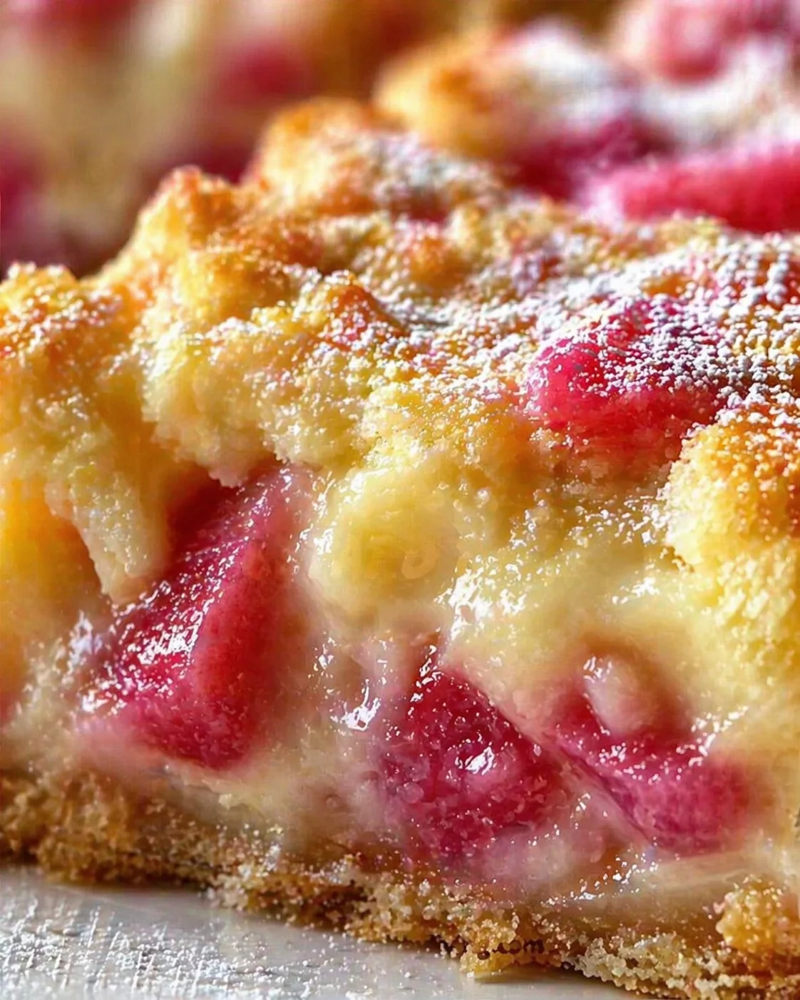 close-up of a berry custard tart with golden crumb topping and pink fruit chunks
