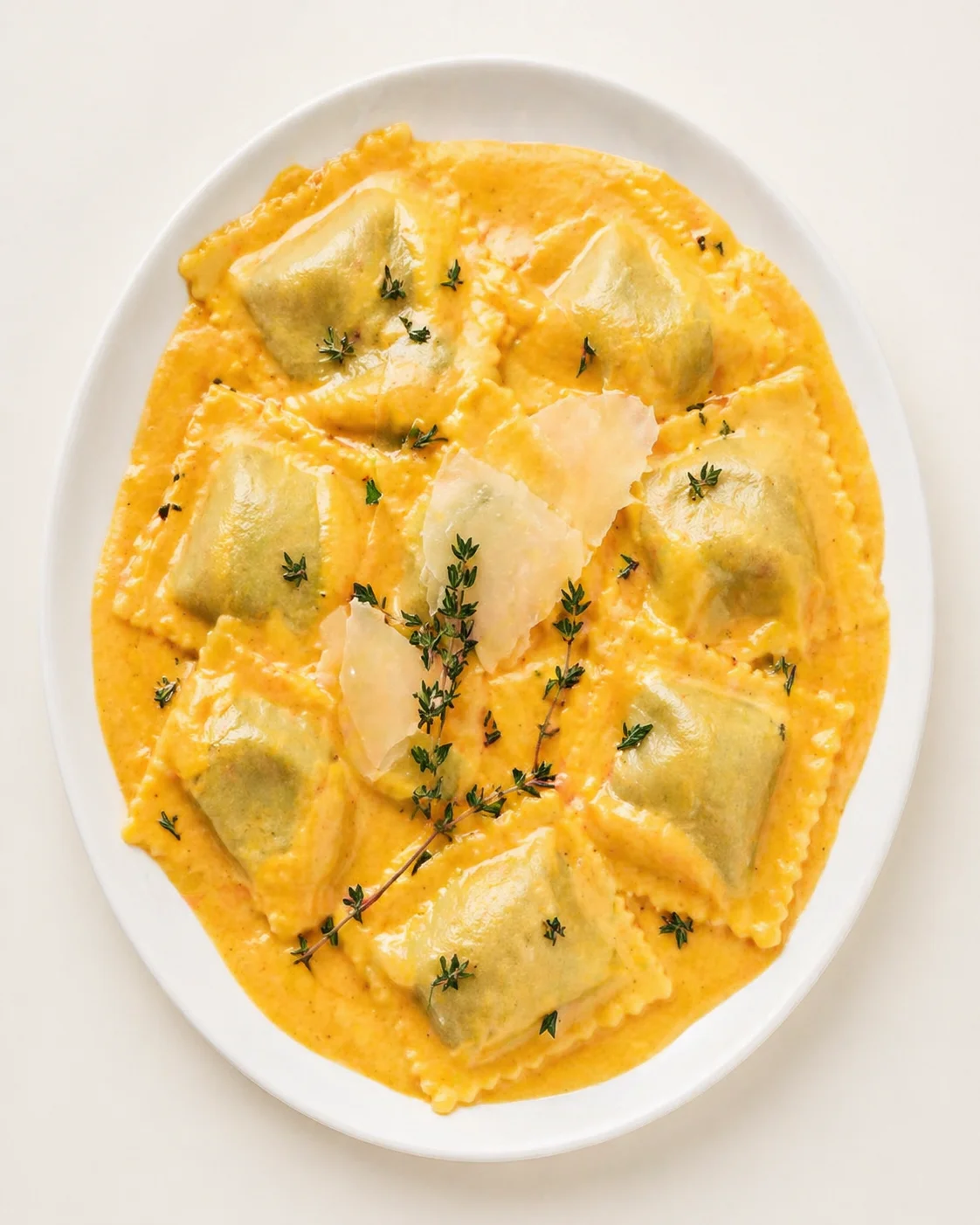Straight-down overhead view of Delicious and Creamy Butternut Squash Ravioli Sauce Recipe
