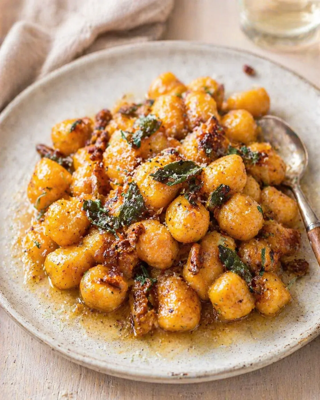 plate of gnocchi in amber-brown sauce with sage and parmesan on a rustic plate