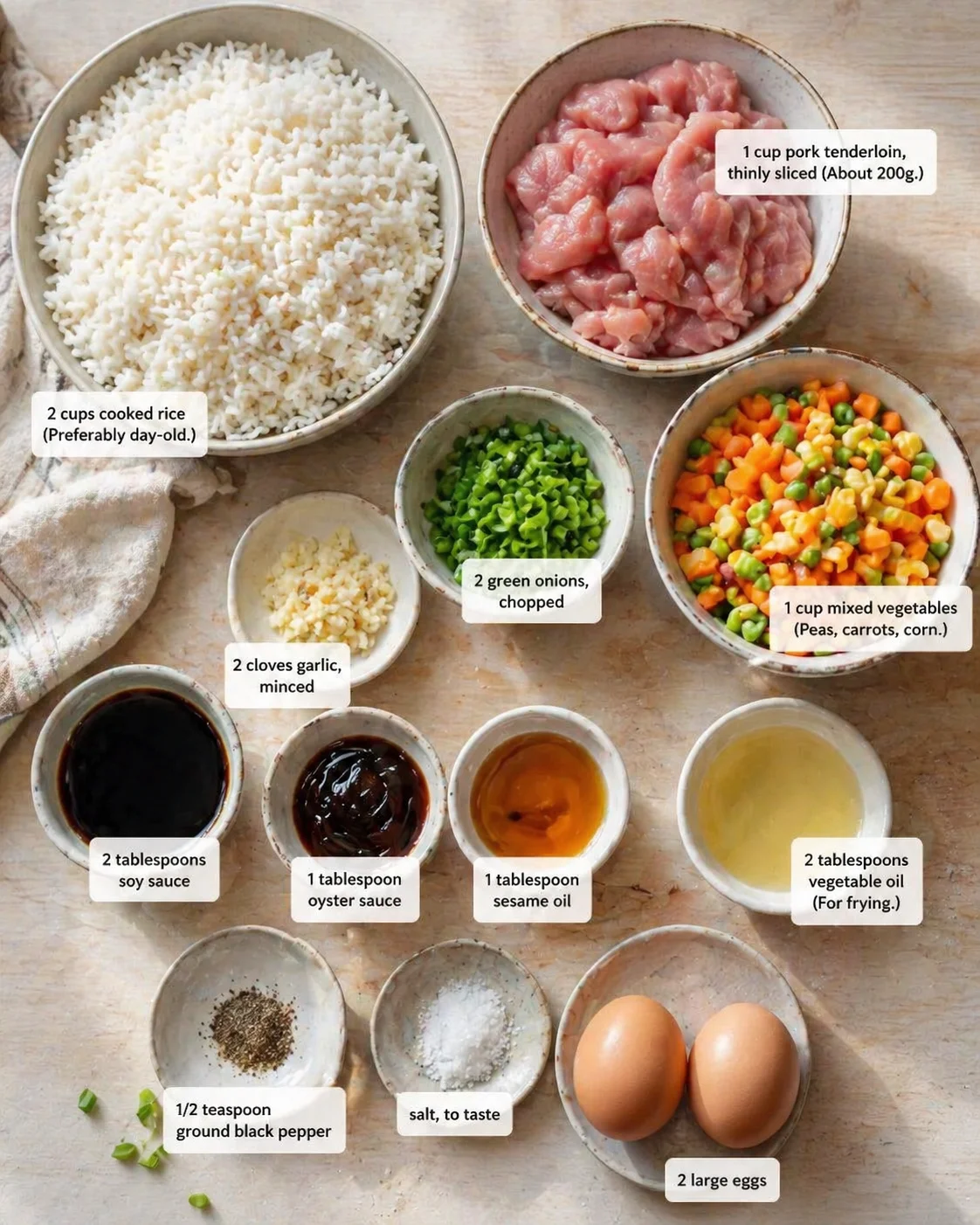 Measured ingredients arranged for Transform Day-old Rice Into Delicious Pork Fried Rice Tonight!: 2 cups cooked rice (Preferably day-old.), 1 cup pork tenderloin, thinly sliced (About 200g.), 2 tablespoons soy sauce, 1 t