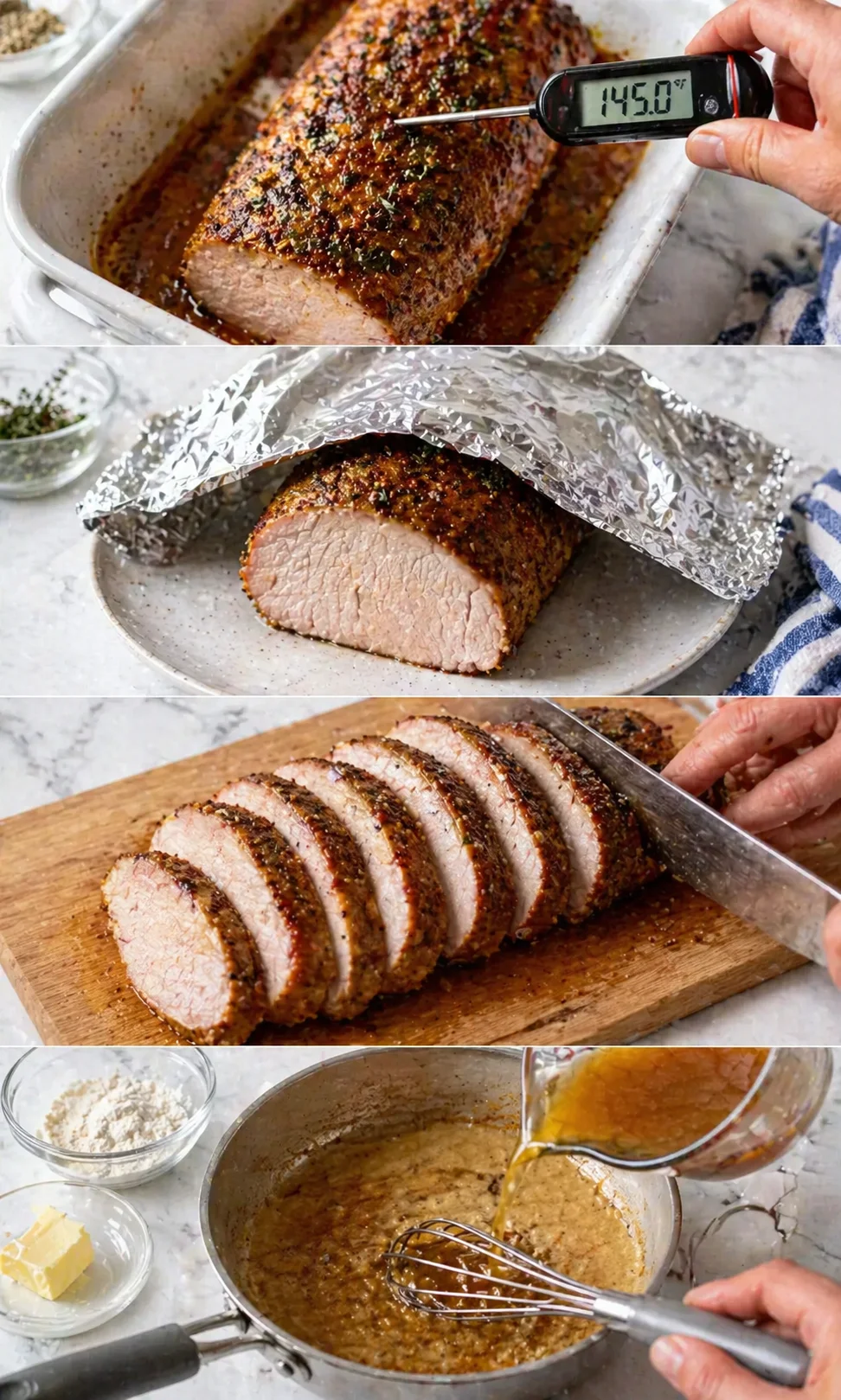 Sliced juicy pork loin on board with instant-read thermometer and small pot of pan gravy.