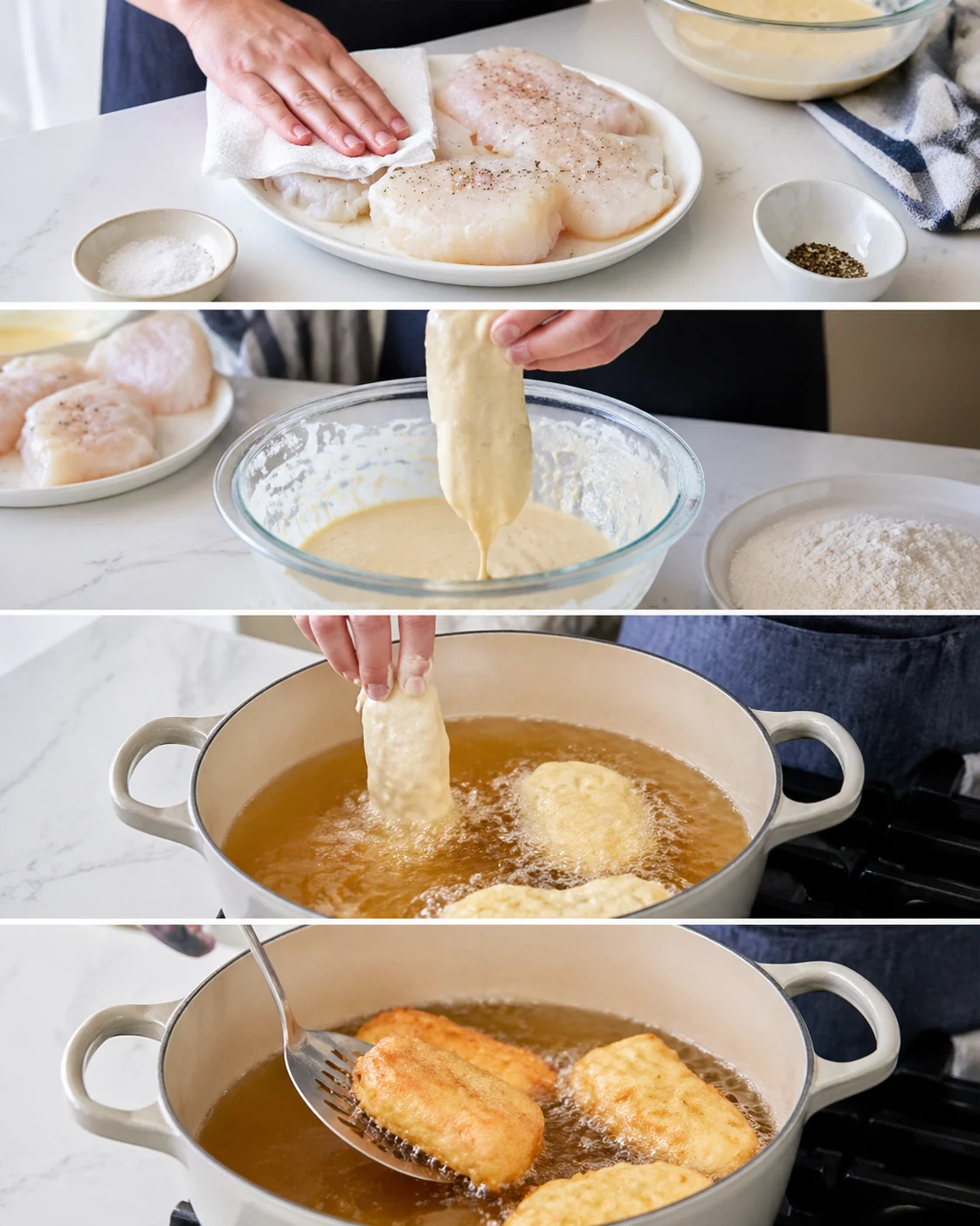step-process-placeholder-5-8.png Battered cod fillet being lowered into hot oil with tongs for deep frying in batches.