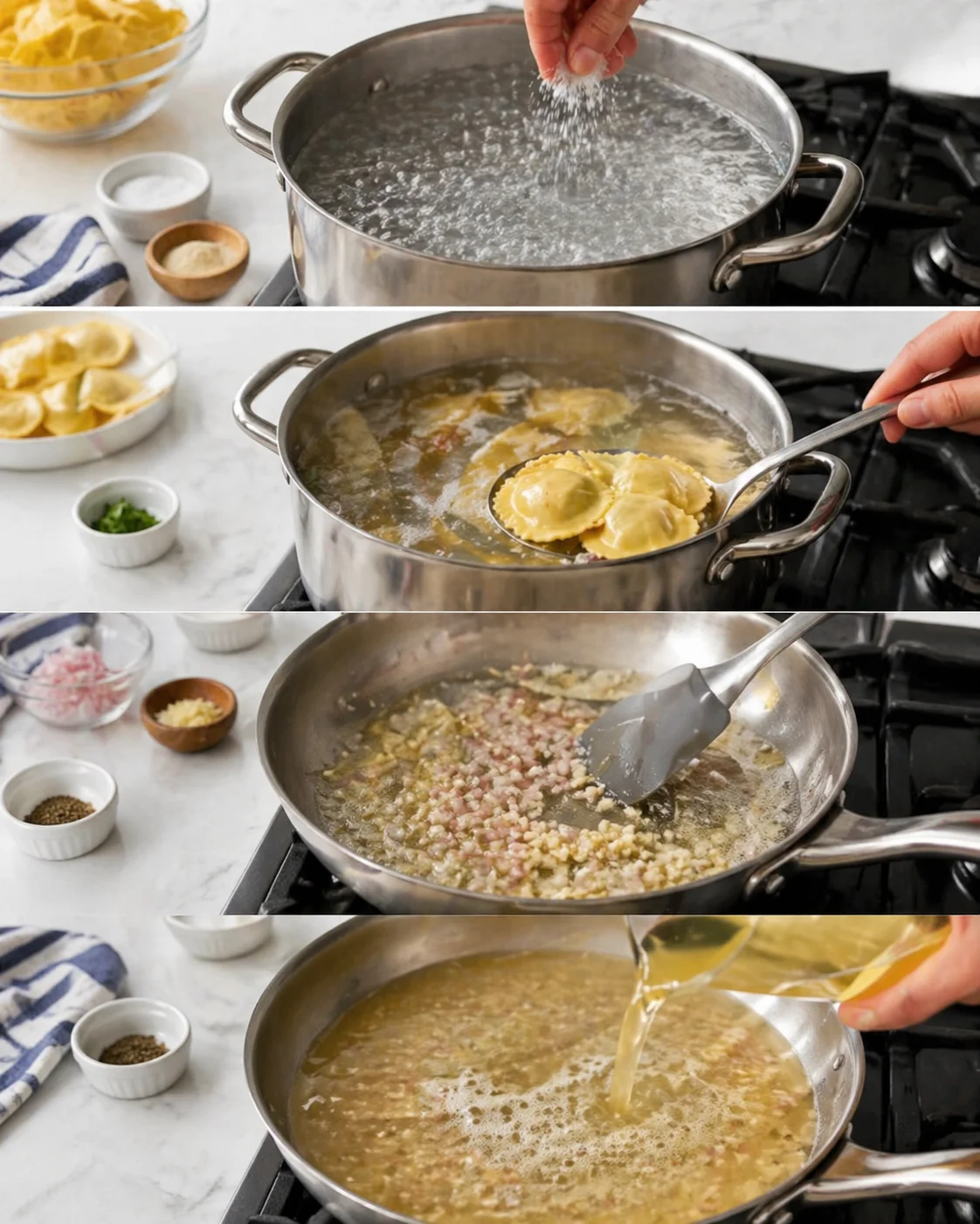 Ravioli cooking in rolling salted water while butter, shallot, garlic, wine reduce in a pan.