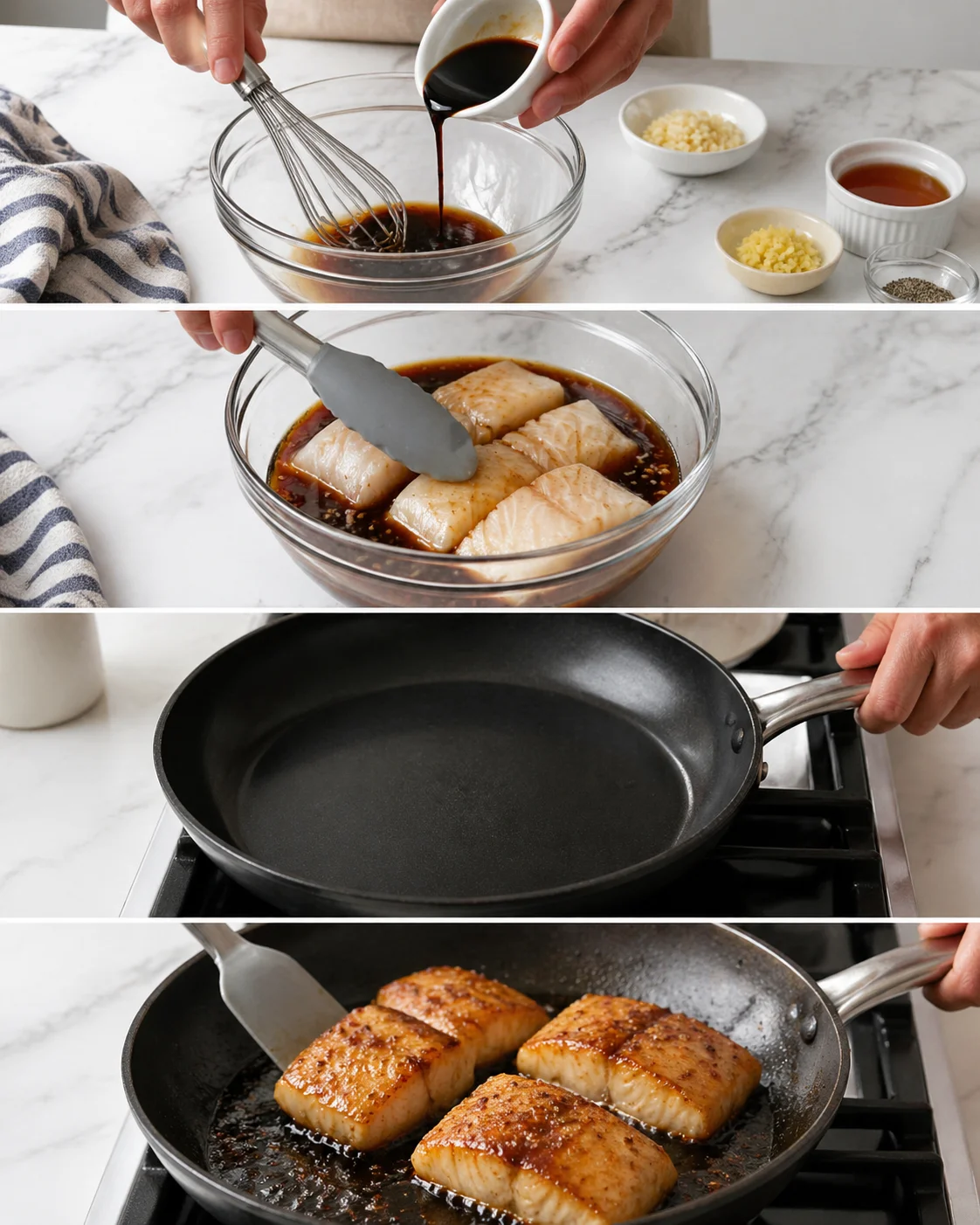 Cod fillets sizzling in a very hot skillet, developing a golden sear and juices.