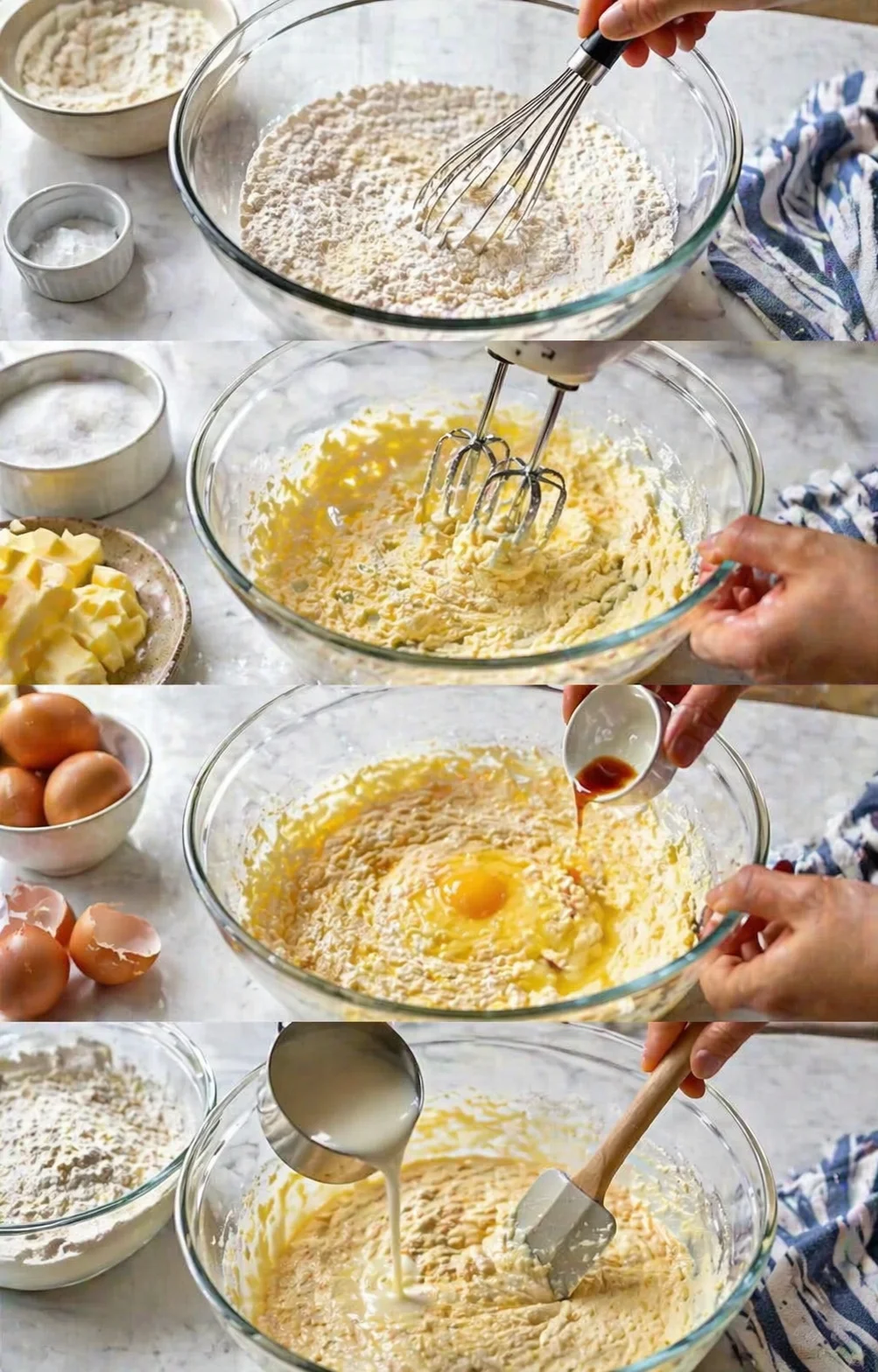 montage of bakers preparing cake batter in glass bowls with whisk, butter, eggs, and milk