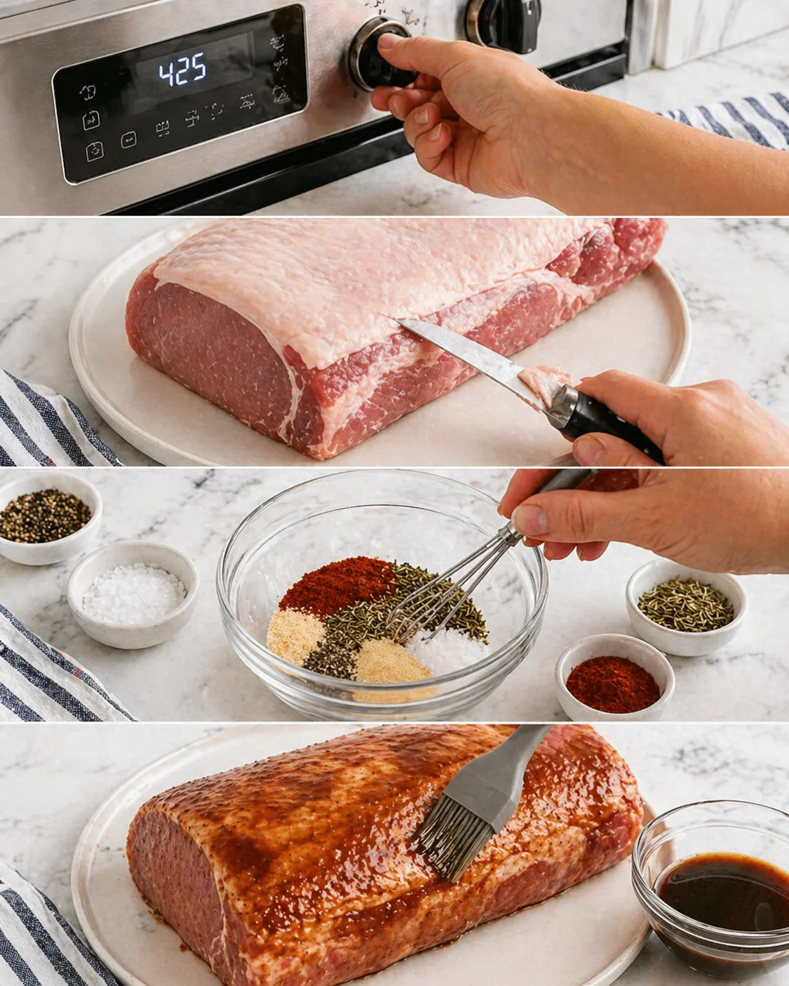 Pork loin with trimmed fat cap, bowl of spice rub, brush applying Worcestershire sauce.