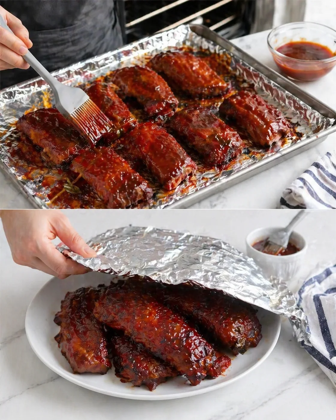 Ribs on a foil-lined sheet being brushed with BBQ sauce before broiling to caramelize.