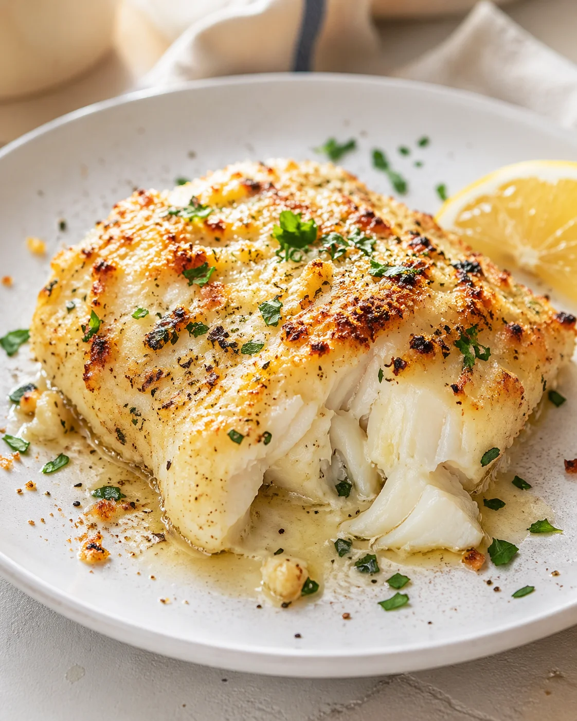 Single plated variation of Flavorful Baked Cod with Mayo and Parmesan shown in a natural kitchen scene