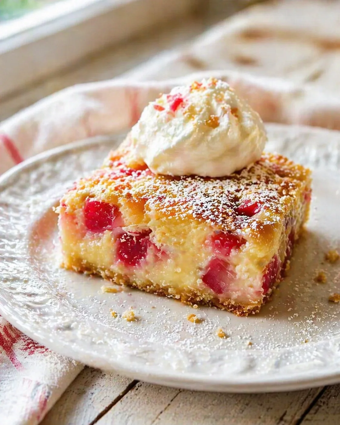 Square cherry cheesecake bar on a white plate with whipped cream and powdered sugar.