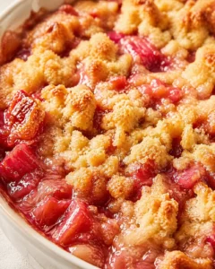 Close-up of a cherry crumble in a white baking dish, golden crumb topping over glossy red filling.