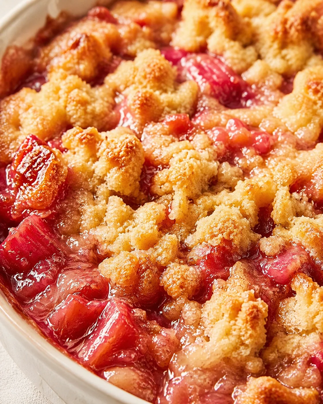 Close-up of a cherry crumble in a white baking dish, golden crumb topping over glossy red filling.