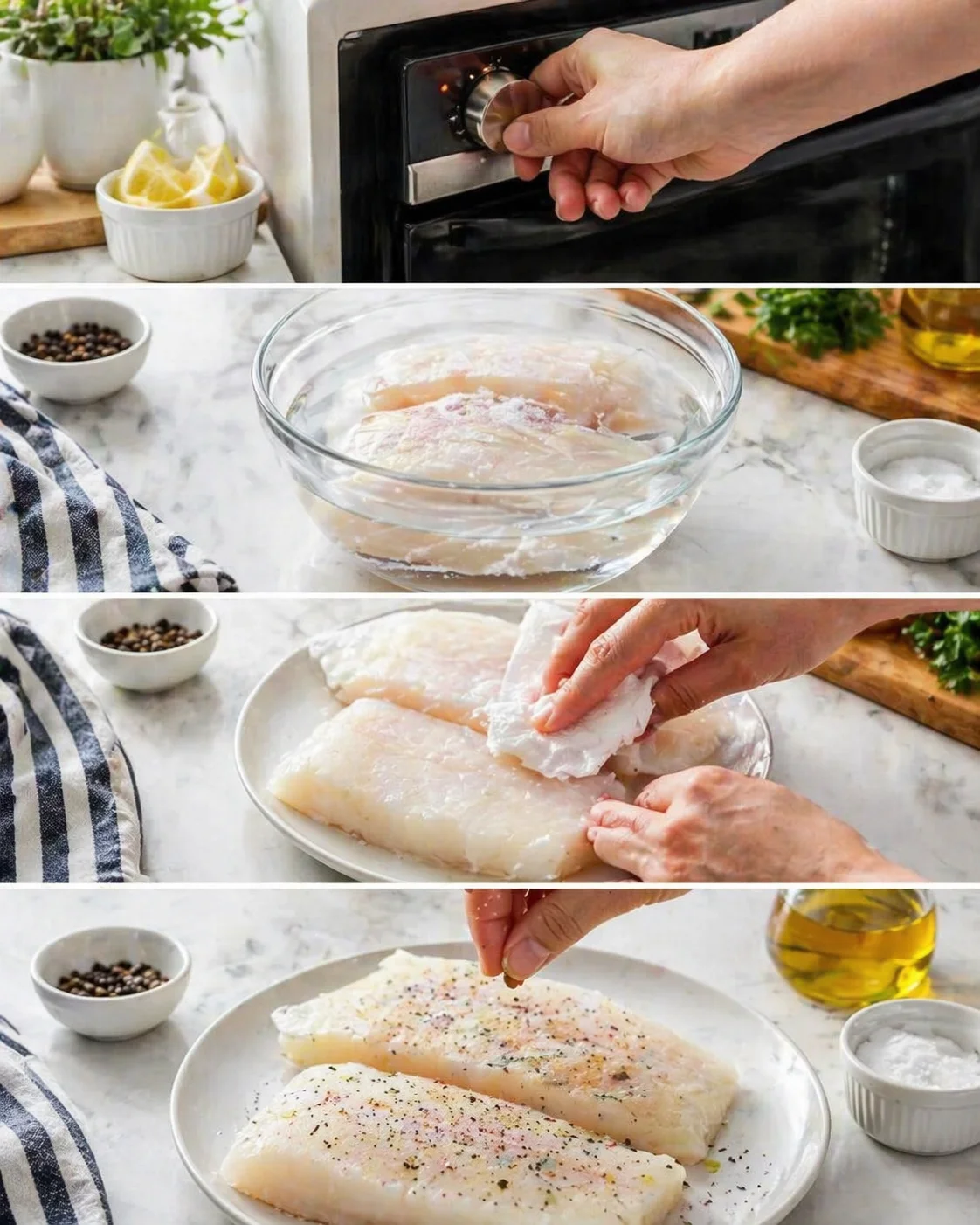 Four-panel collage showing raw chicken fillets prepped on a marble kitchen counter.
