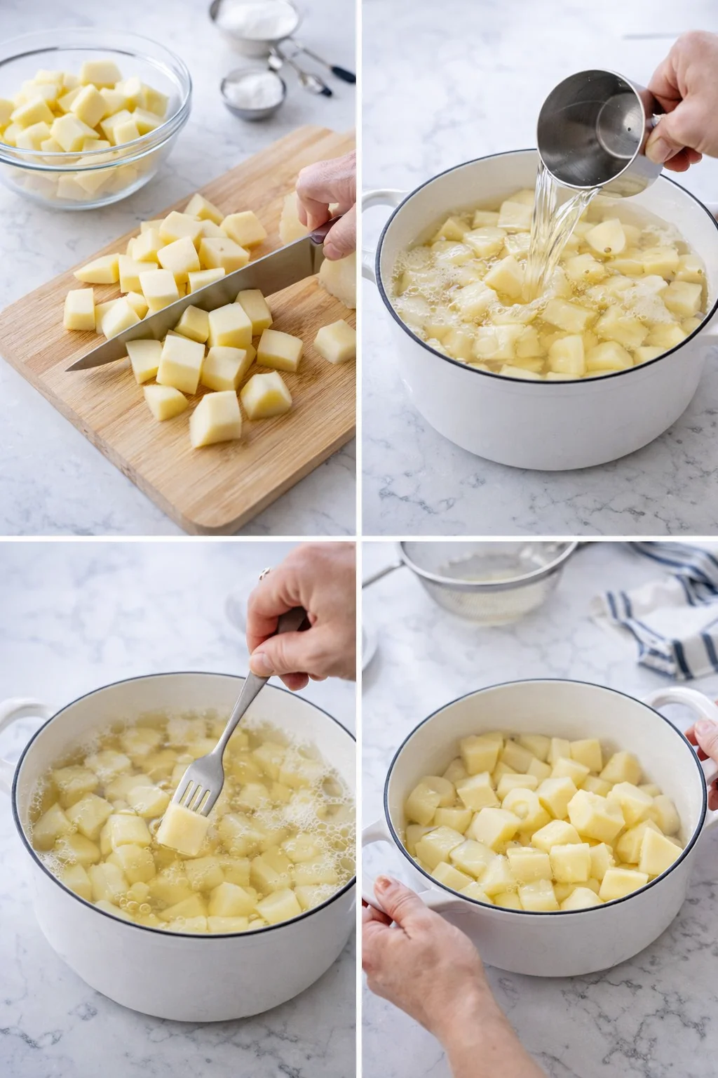 Cubed potatoes on cutting board and in a white enamel pot being boiled in a bright kitchen.