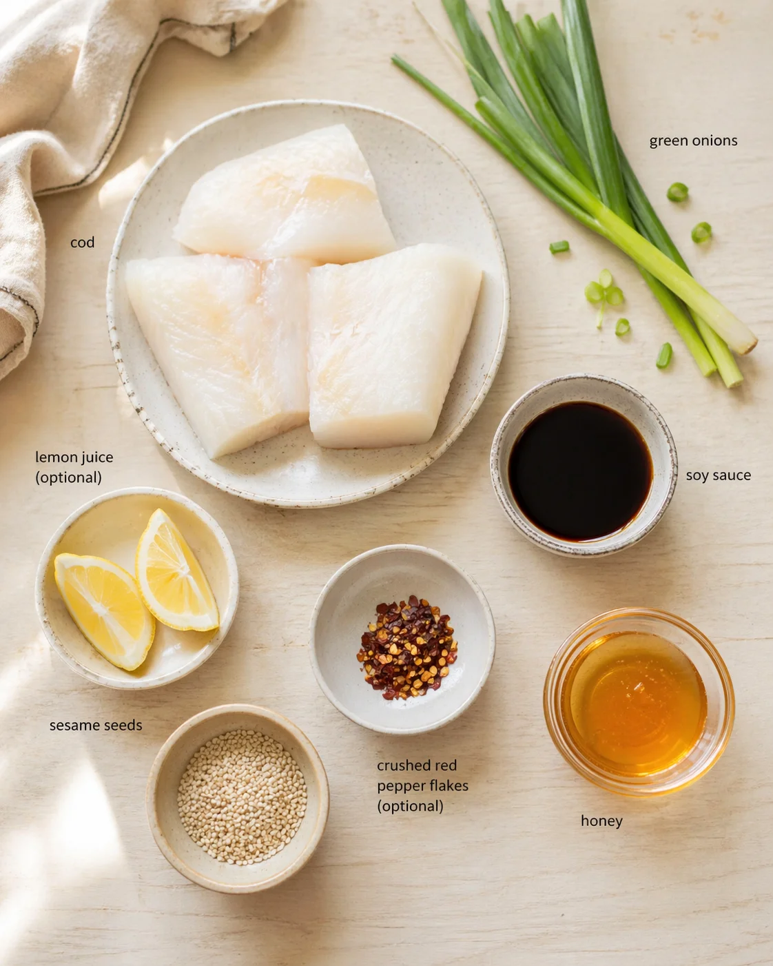 Raw cod fillets on a speckled plate with lemon wedges, sesame seeds, pepper flakes, honey, soy sauce, and green onions