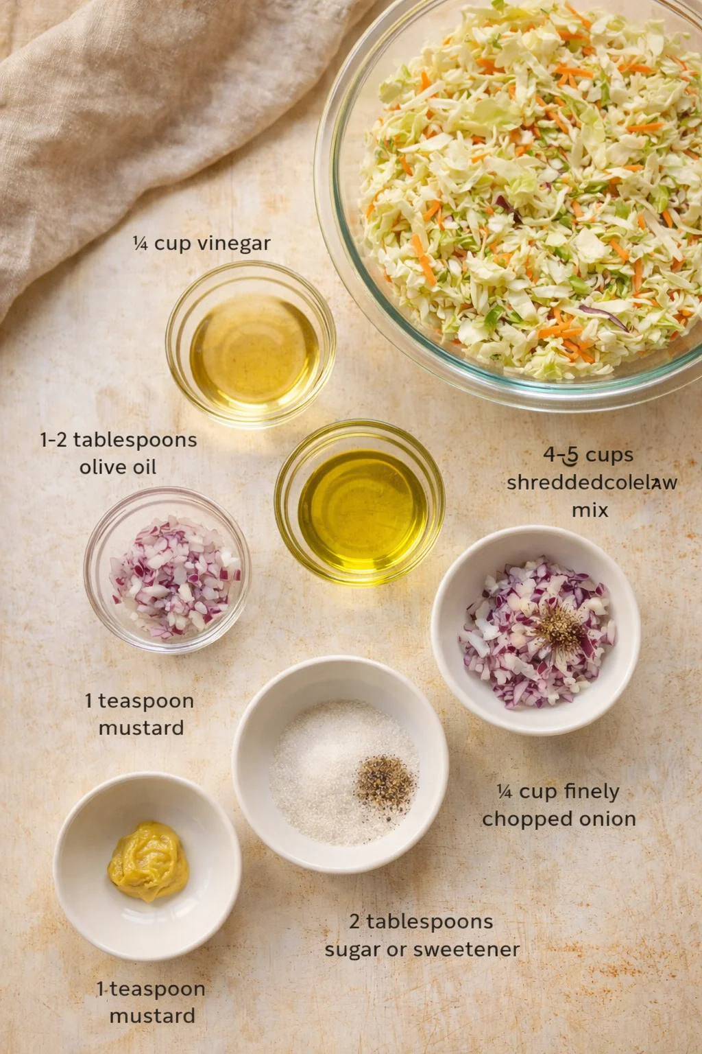 Overhead view of shredded coleslaw mix with onions and dressing ingredients labeled.
