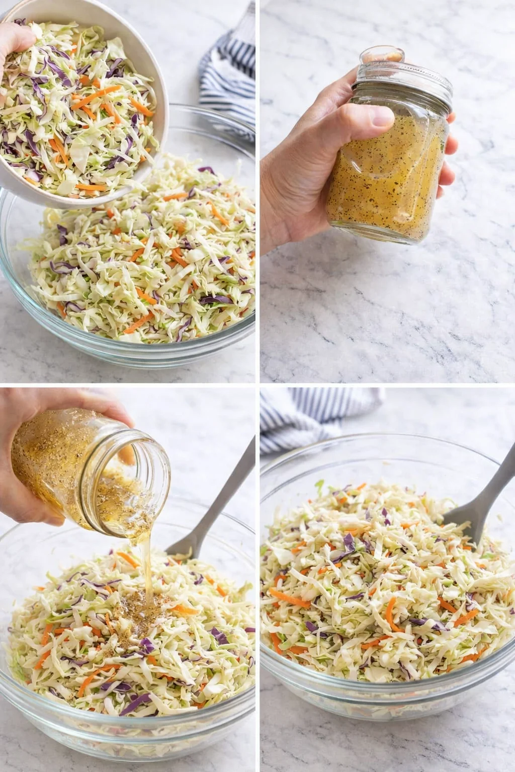 collage showing shredded cabbage slaw and dressing being poured into a glass mixing bowl.