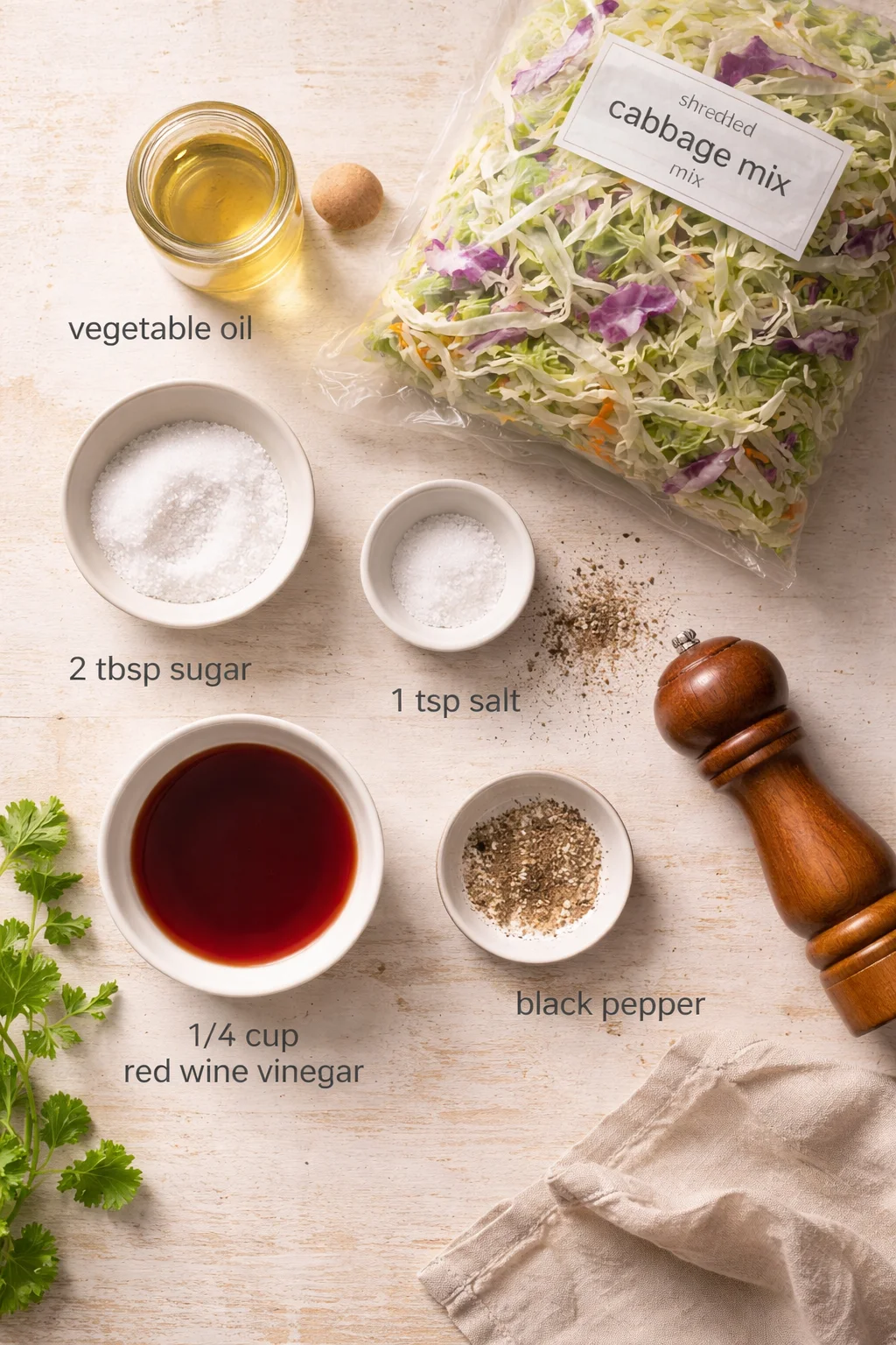 Overhead view of cabbage mix with oil, vinegar, salt, sugar, pepper, and herbs on a light wood surface.