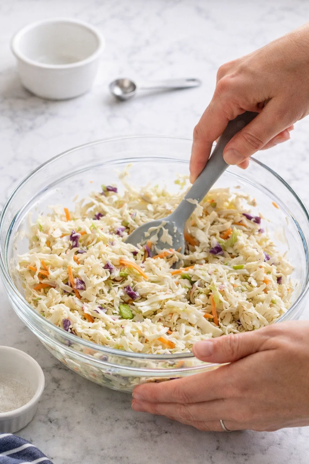 hands mixing shredded cabbage, carrots, and purple cabbage in a glass bowl.