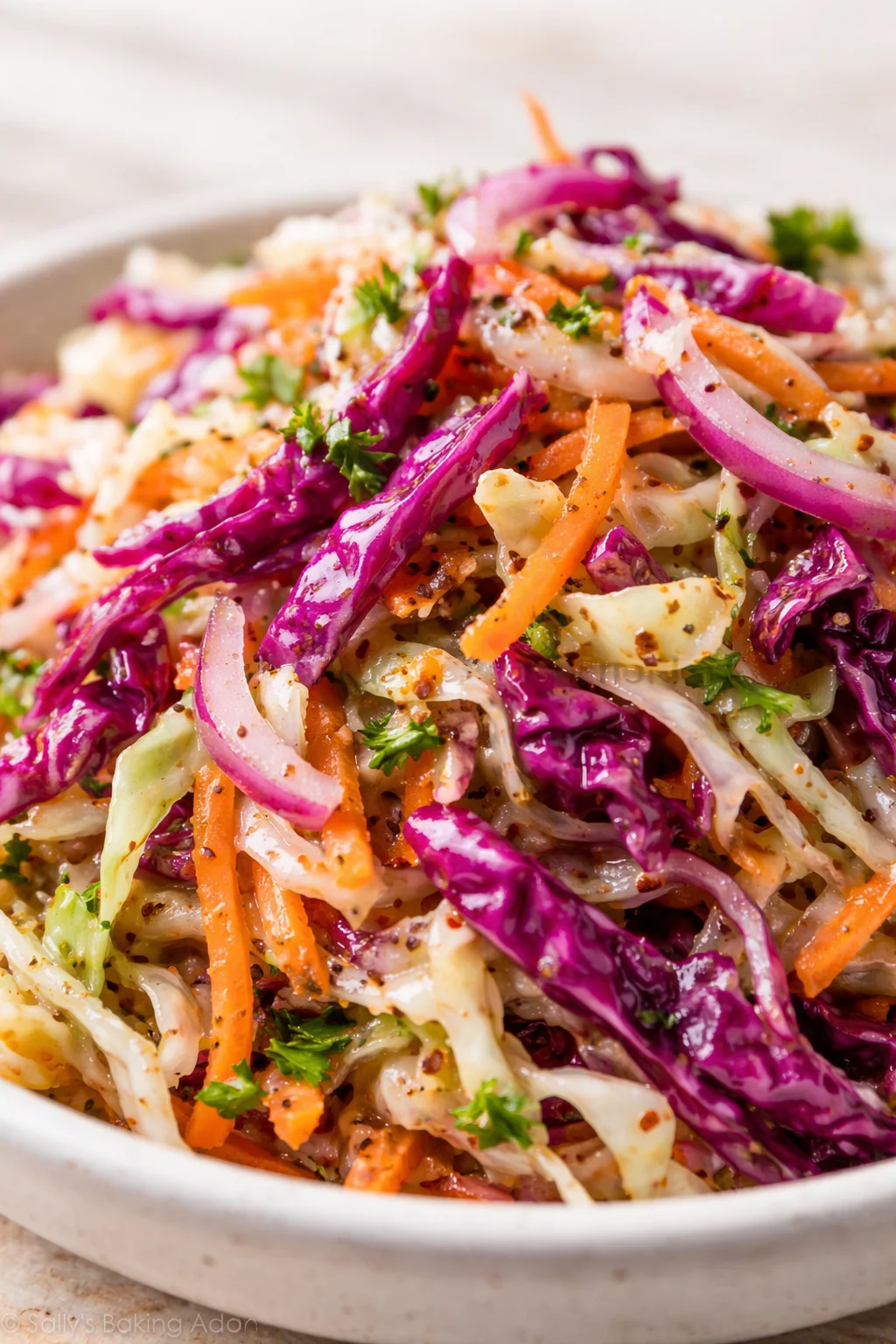 Close-up of colorful creamy cabbage slaw with purple cabbage, shredded carrots, white cabbage, and herbs.