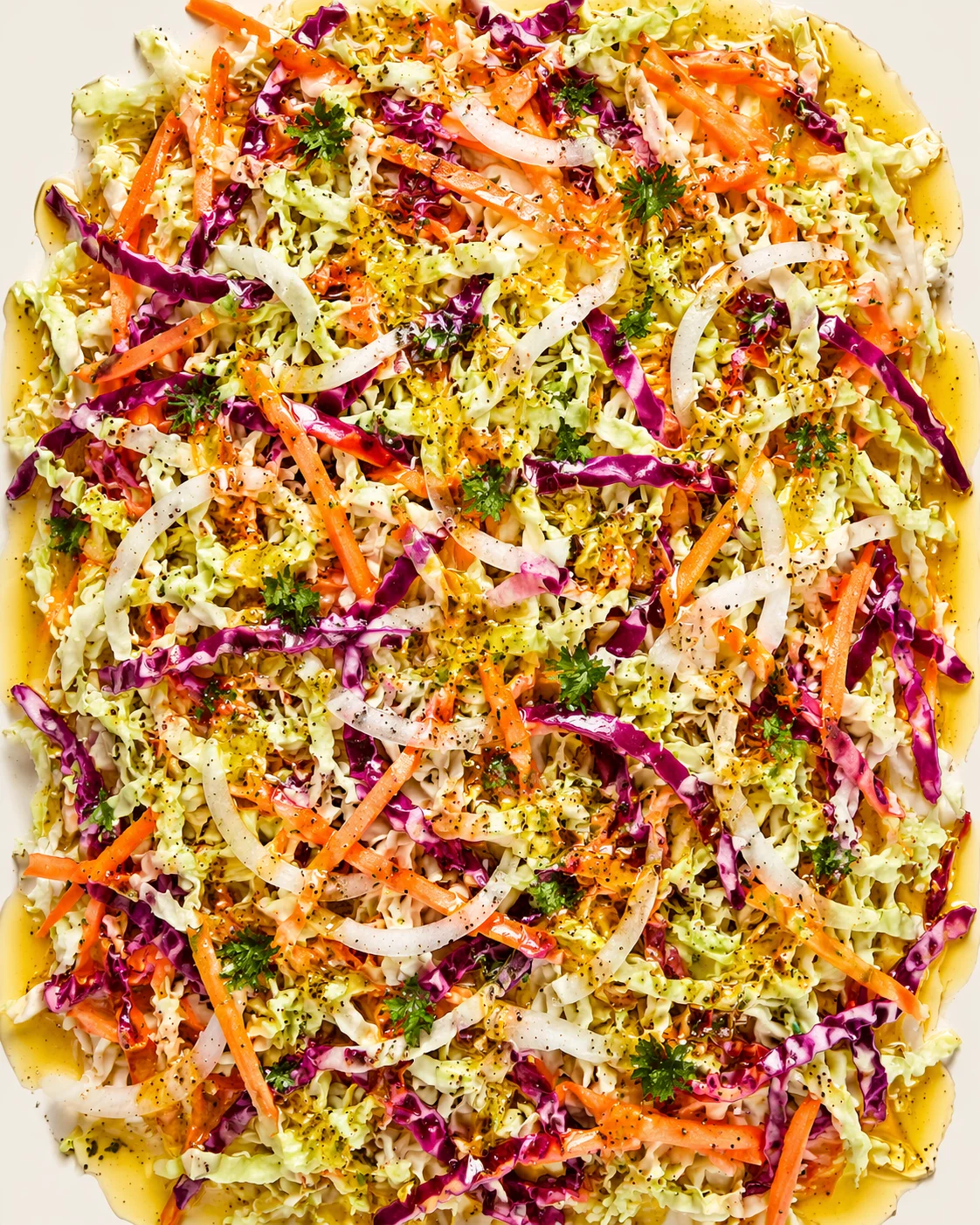 Top-down view of a vibrant shredded cabbage slaw with carrots, onions, and herbs on a golden crust.