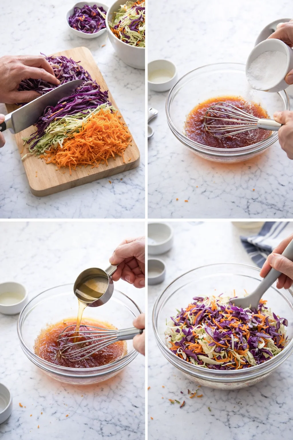 Step-by-step collage showing cabbage shredding and dressing being whisked together in bowls.