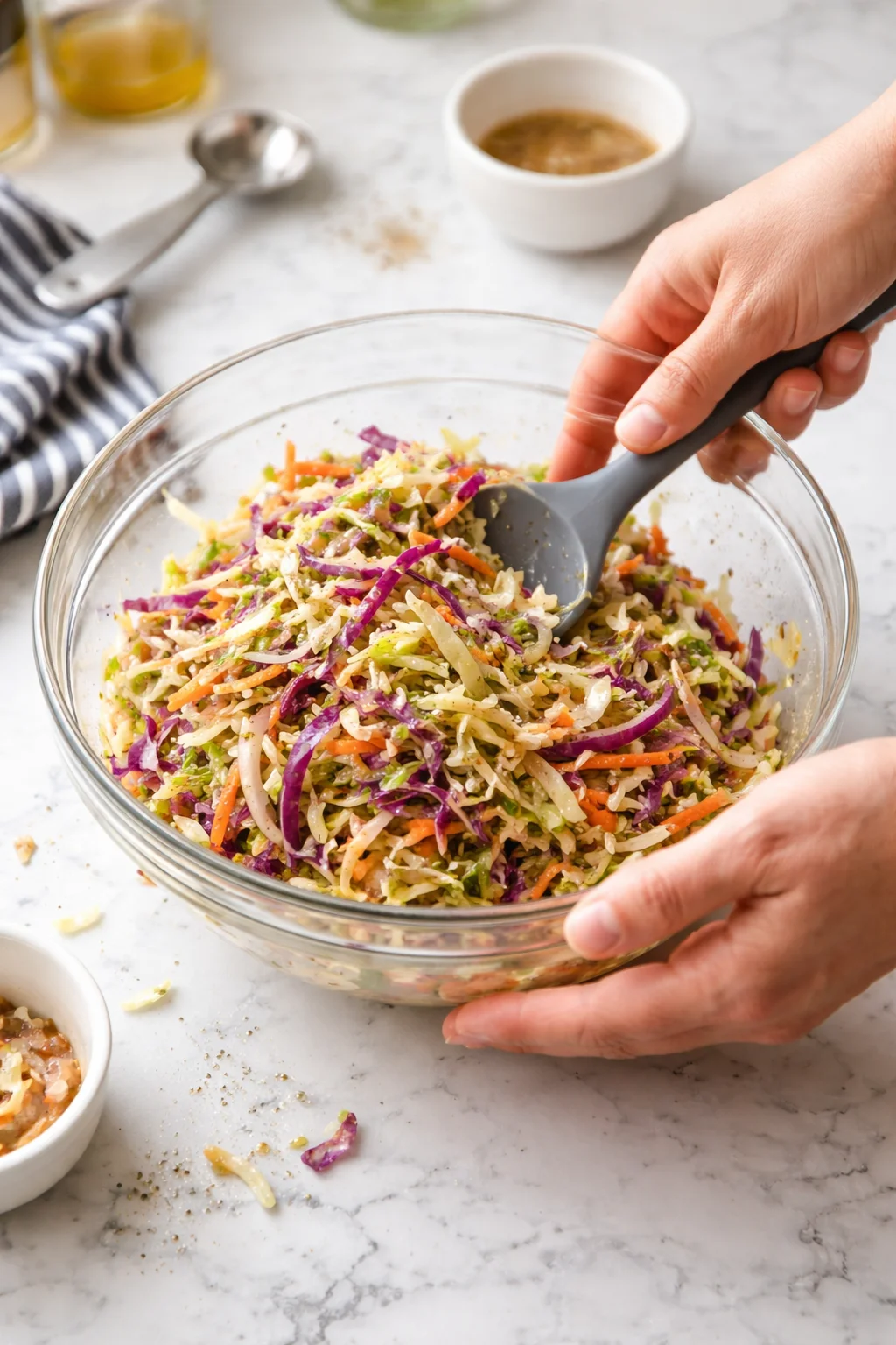 Hands mix colorful shredded cabbage, carrots, and herbs in a glass bowl on marble counter.