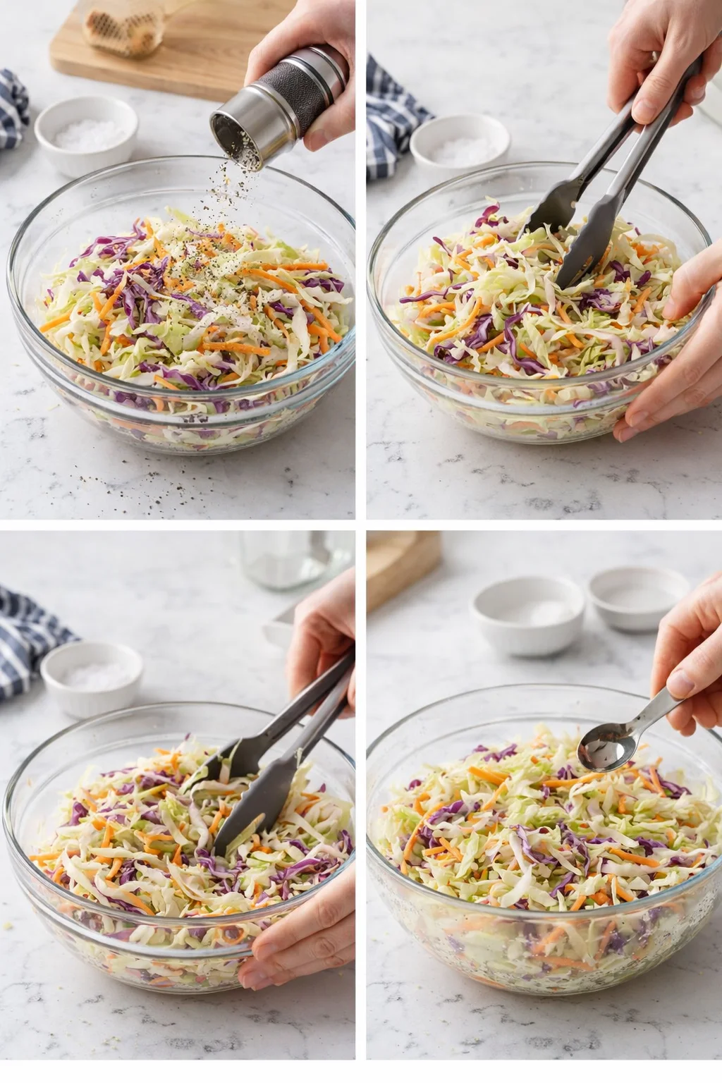 collage of four images showing homemade coleslaw being prepared in a glass bowl on a white marble countertop