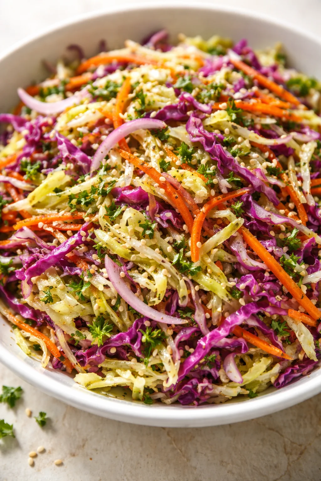 bowl of colorful shredded cabbage, carrots, onion, and parsley with sesame seeds