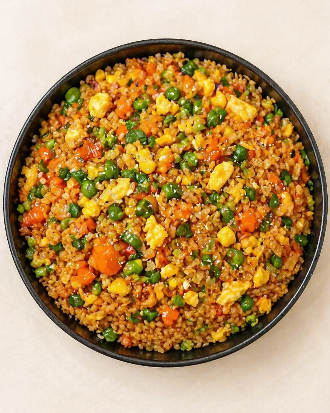 top-down view of a black bowl of colorful vegetable fried rice with peas, corn, and eggs