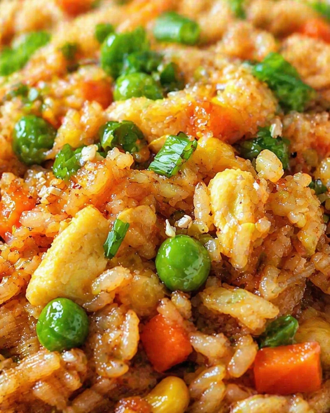 close-up of glossy fried rice with peas, corn, carrots, green onions, and sesame seeds