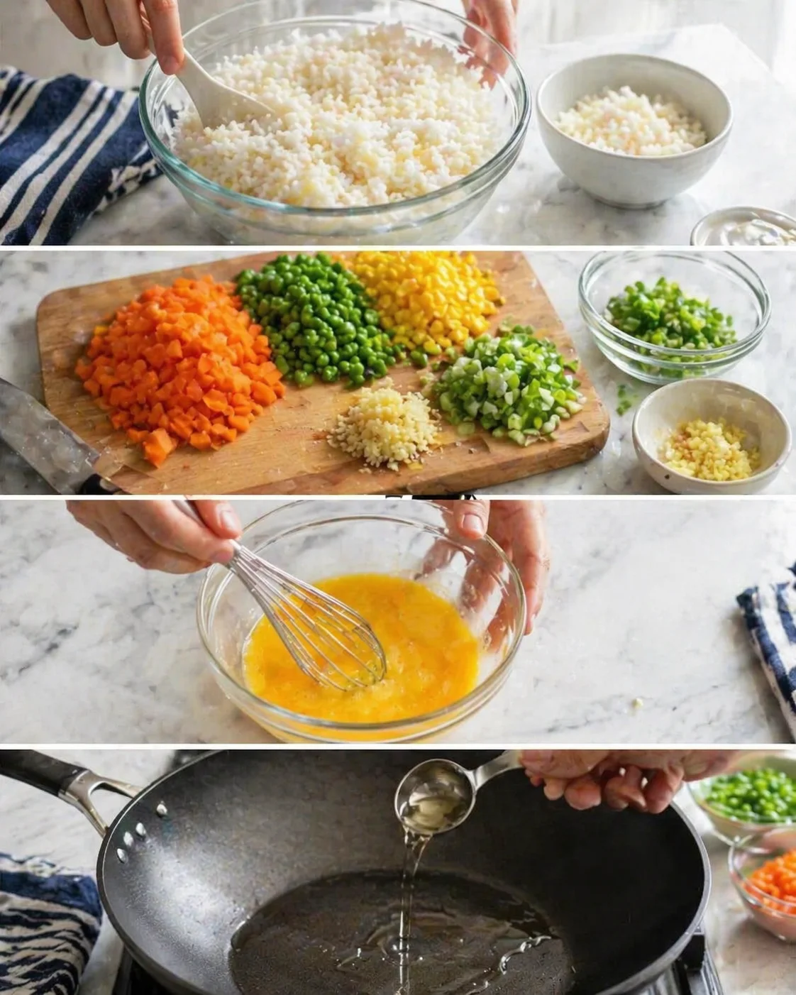 Collage of rice, chopped vegetables, eggs, and oil for vegetable fried rice.