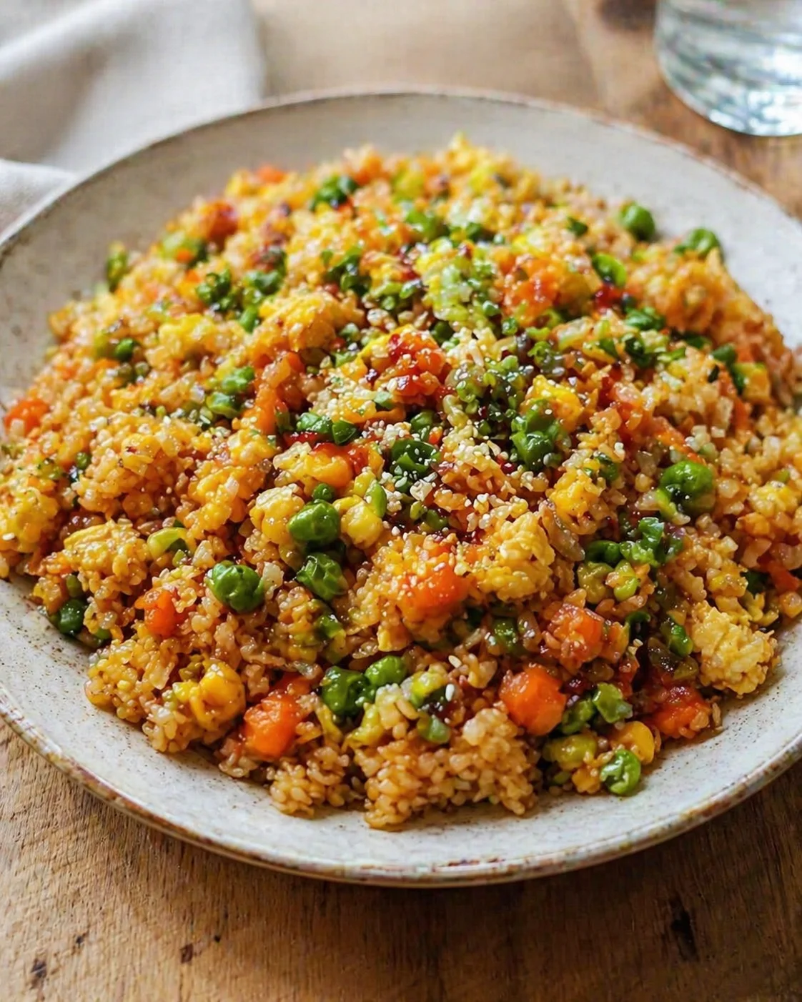 Large plate of colorful veggie fried rice with peas, carrots, corn, and sesame seeds on a rustic plate
