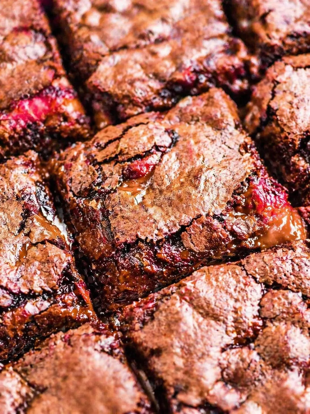 Close-up of crackly chocolate brownie bars with red jam centers and glossy filling