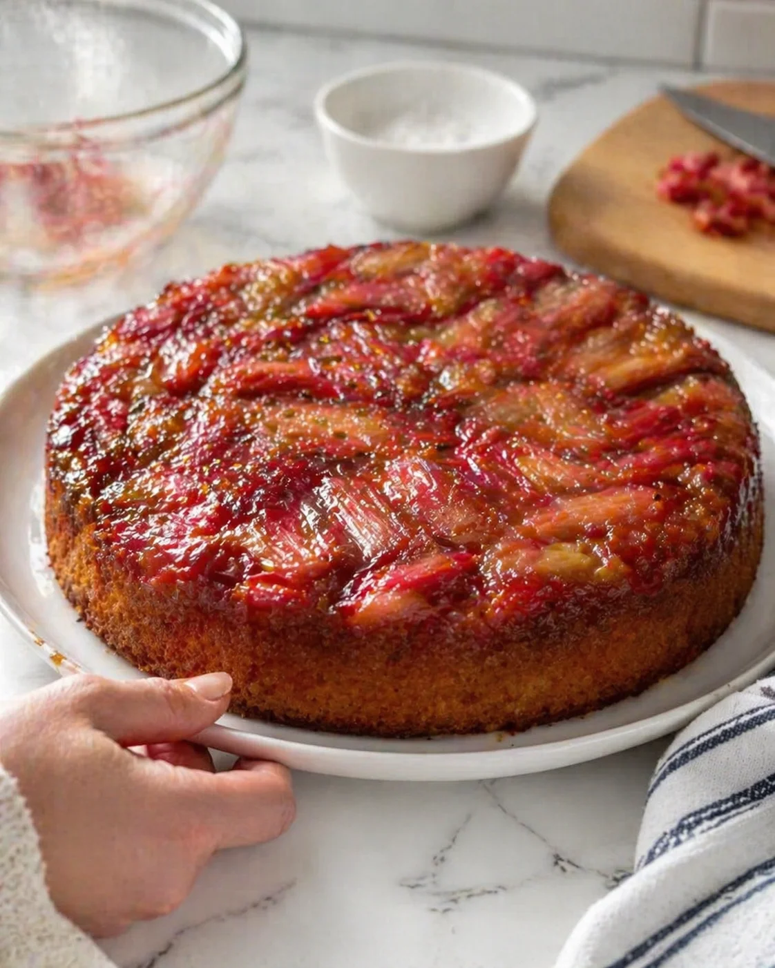 round, golden-brown cake with glossy cranberry glaze on a white plate