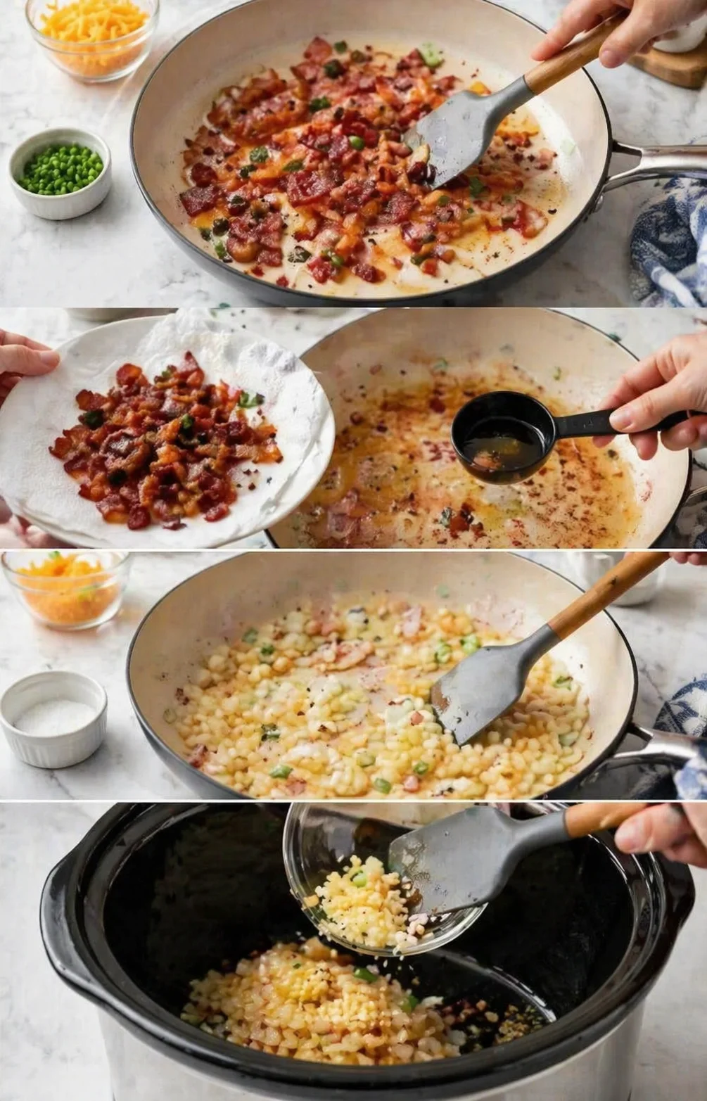 Four-panel collage of bacon, creamy sauce, and corn risotto being prepared on a stovetop.