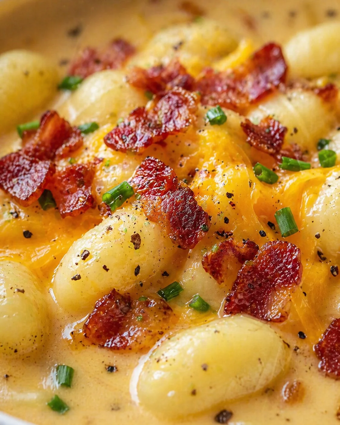 close-up of gnocchi in creamy sauce topped with crispy bacon and green onions