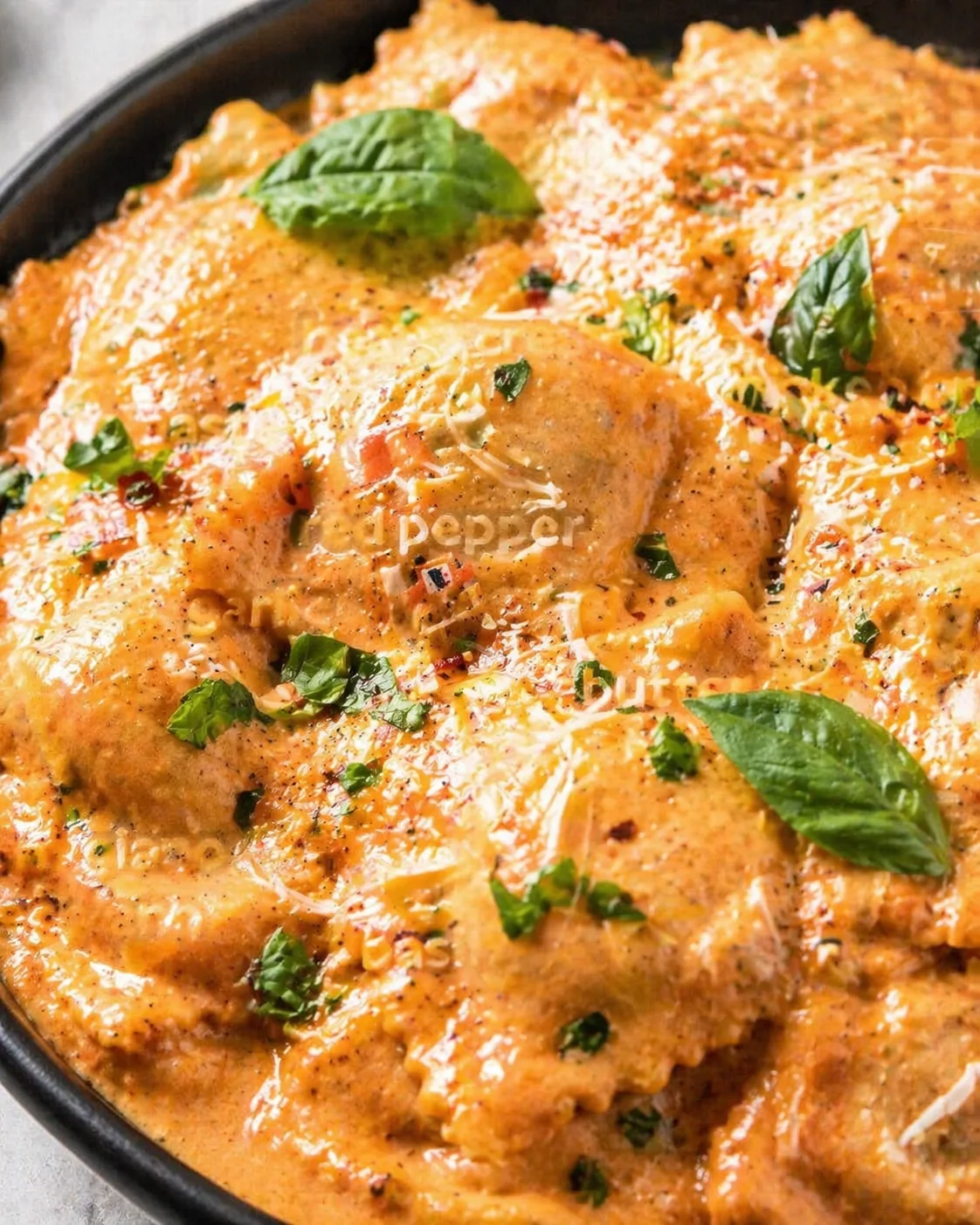 Close-up of pieces in a creamy orange sauce, topped with grated cheese and fresh basil.