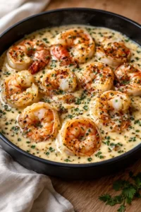 Shrimp in creamy garlic butter sauce in a black skillet, garnished with parsley