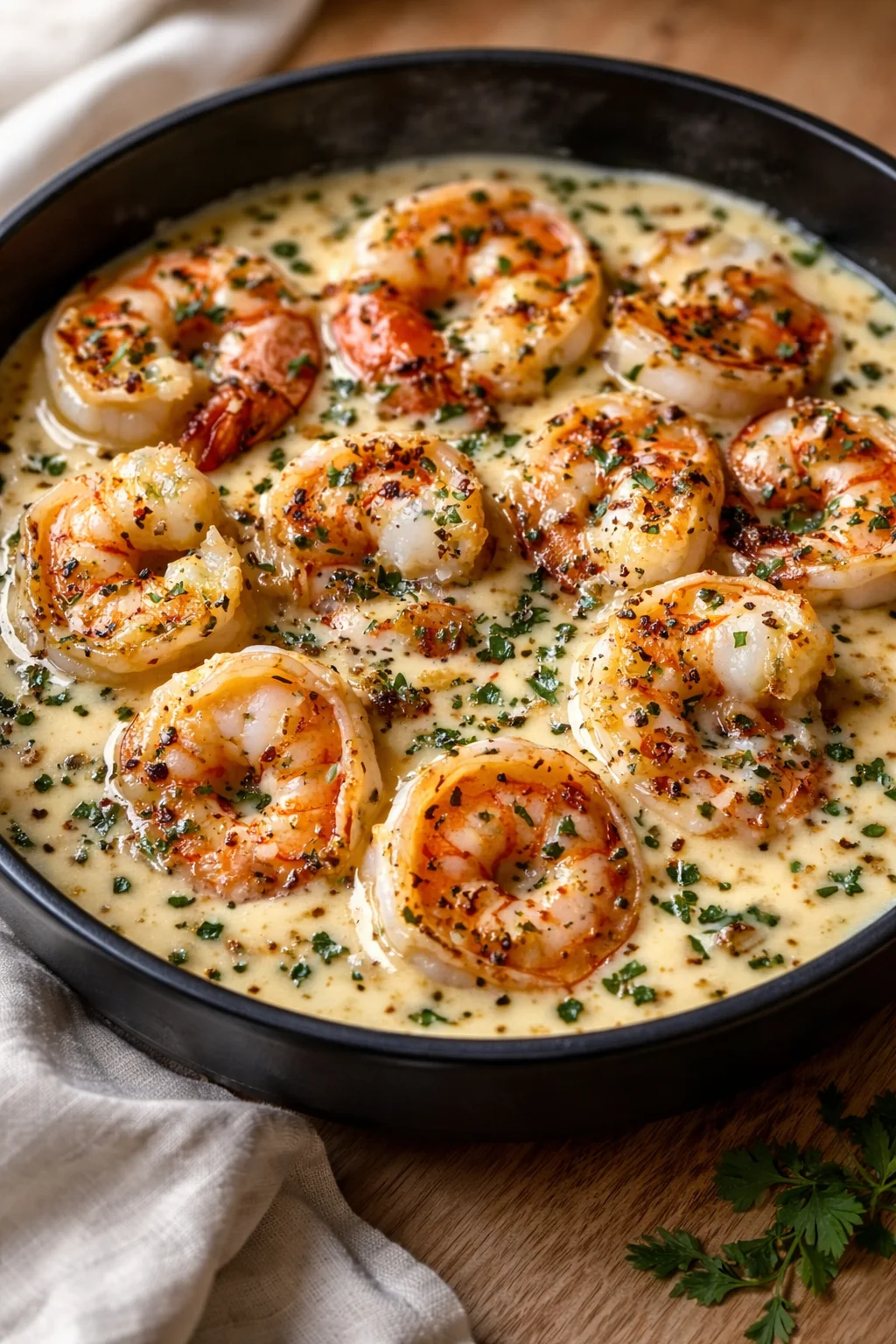 Shrimp in creamy garlic butter sauce in a black skillet, garnished with parsley