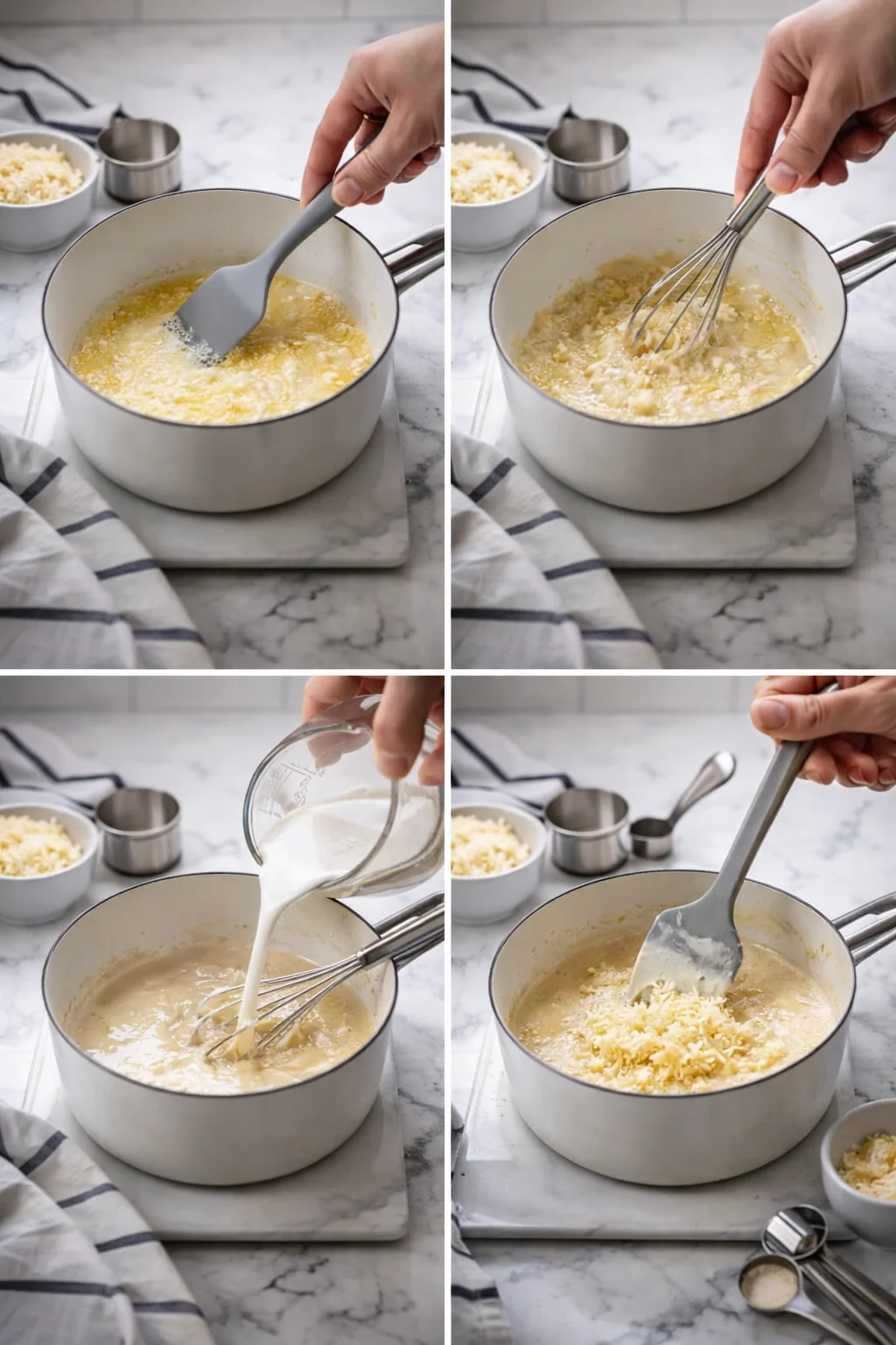 Four-panel collage showing a cheese sauce being made: melting butter, whisking, pouring milk, and adding grated cheese.