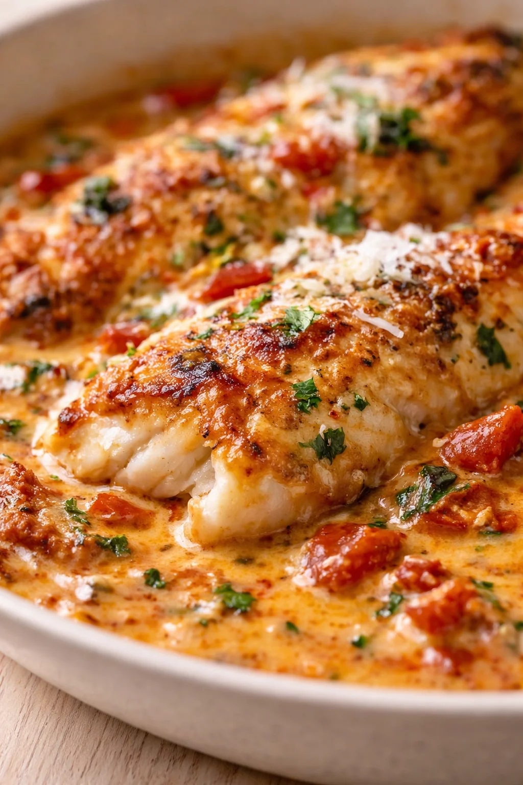 Close-up of a skillet with baked fish in creamy tomato sauce, topped with melted cheese and parsley.