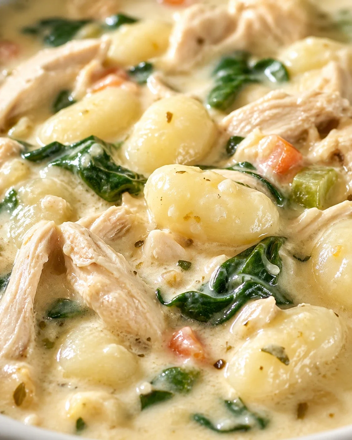 Creamy chicken, potatoes, and spinach in a rich, pale sauce.