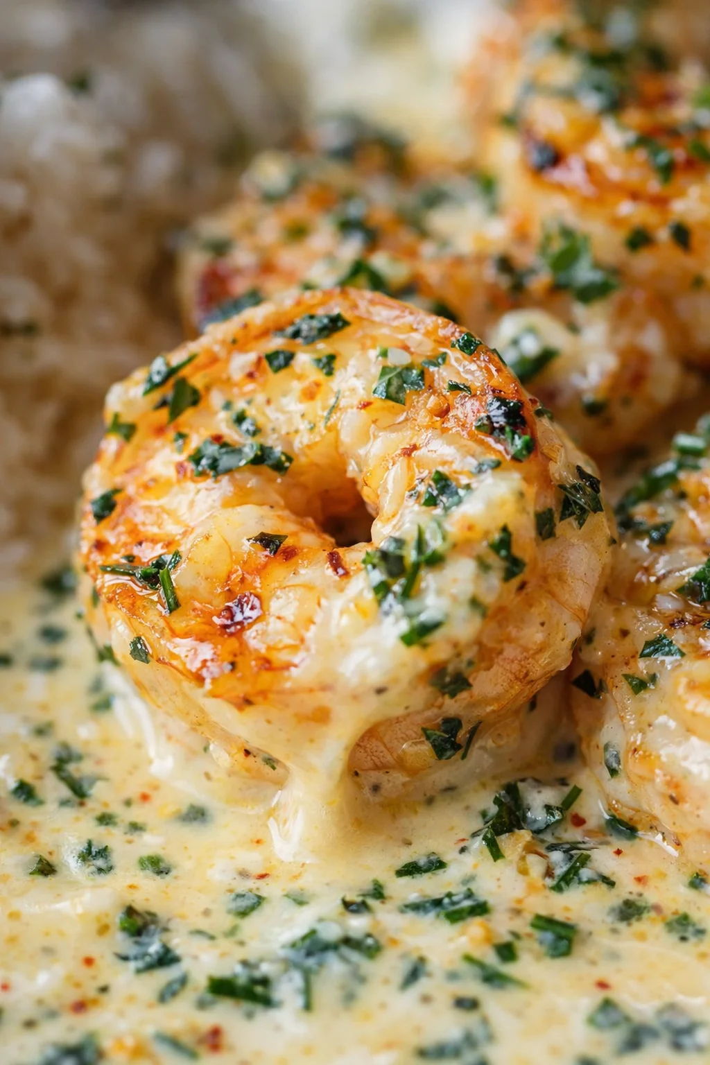 close-up of creamy garlic-butter shrimp flecked with parsley simmering in a sauce