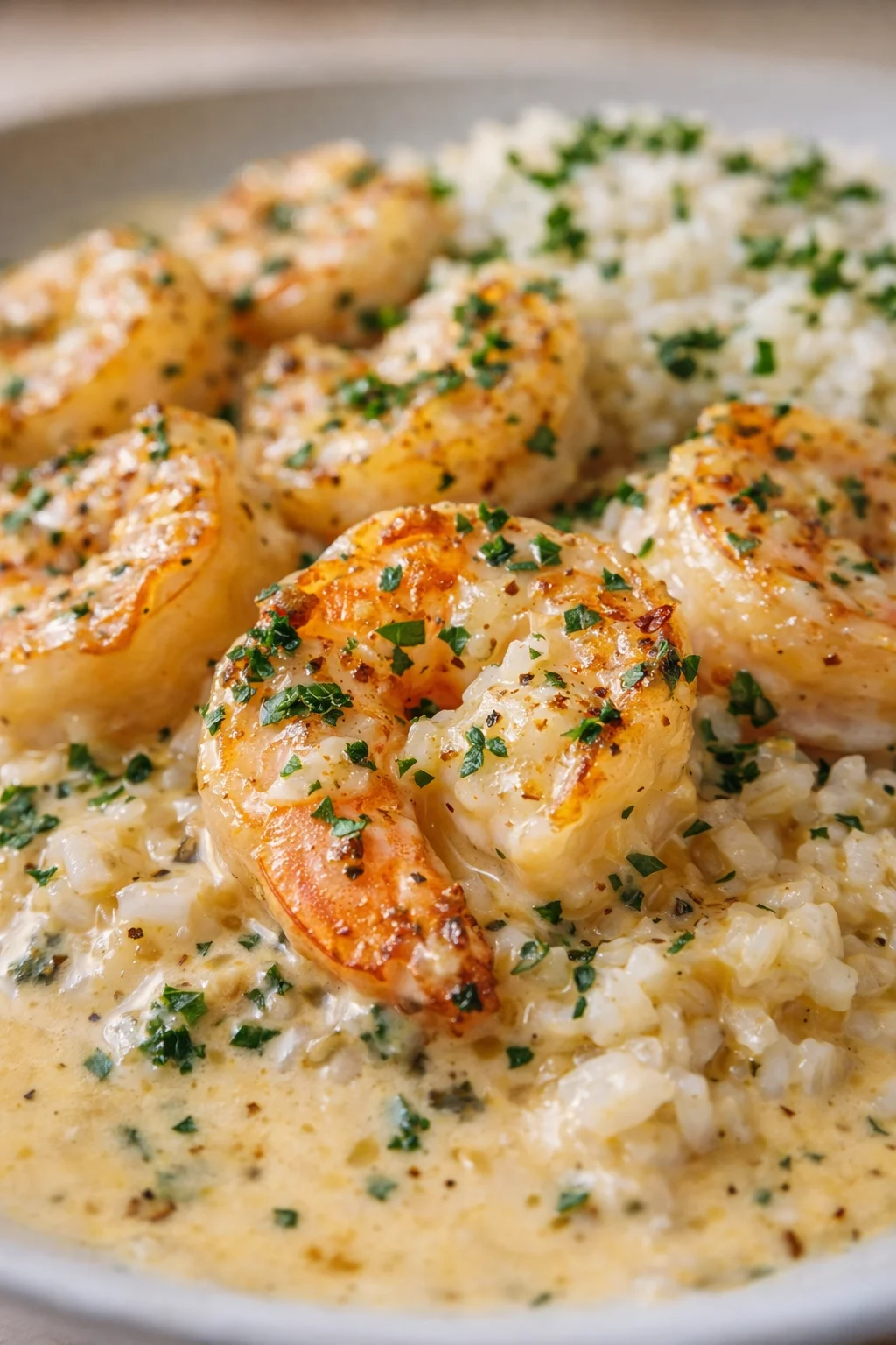 Shrimp in creamy sauce over rice, garnished with parsley, on a plated dish.