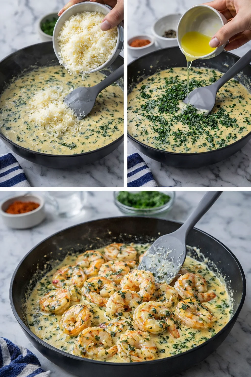 triptych showing cheese added to creamy herb sauce, oil poured, then shrimp in the finished dish