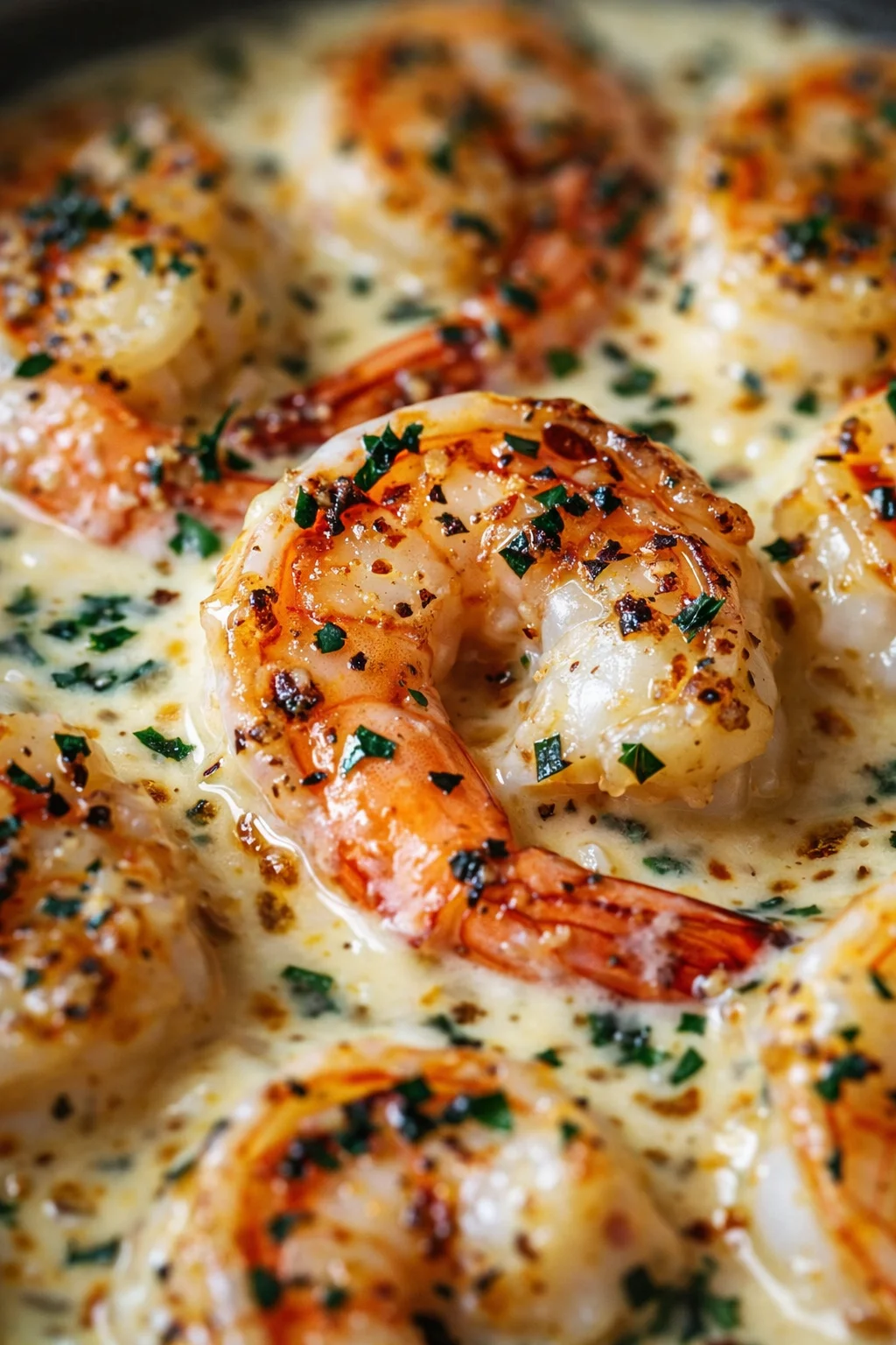 Close-up of shrimp in a creamy herb sauce in a skillet, garnished with parsley.