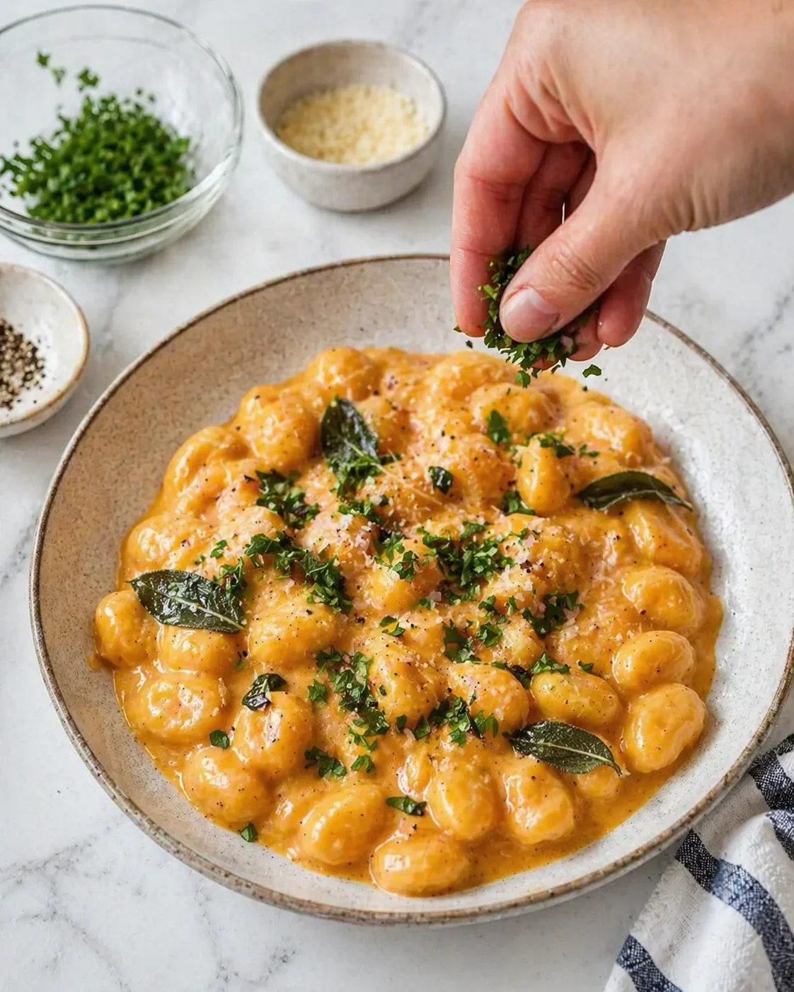 plated gnocchi in creamy orange sauce, garnished with parsley and bay leaves, hand sprinkling herbs